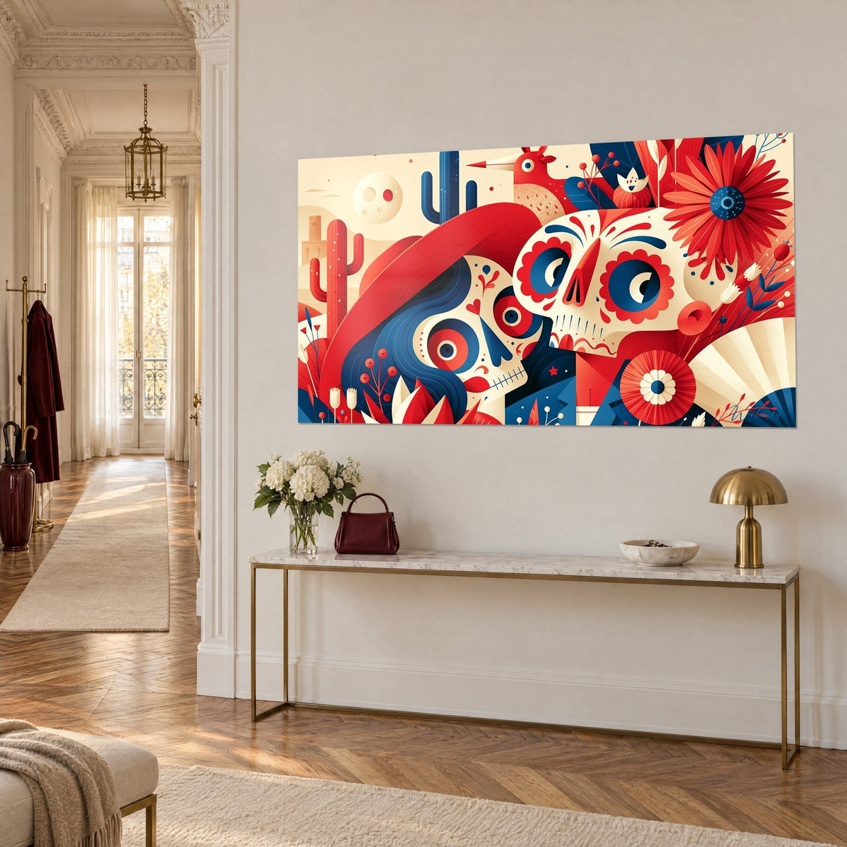 Quadro scheletri innamorati con orbite blu notte e rosse, ventaglio color crema, visto di tre quarti su una consolle dorata