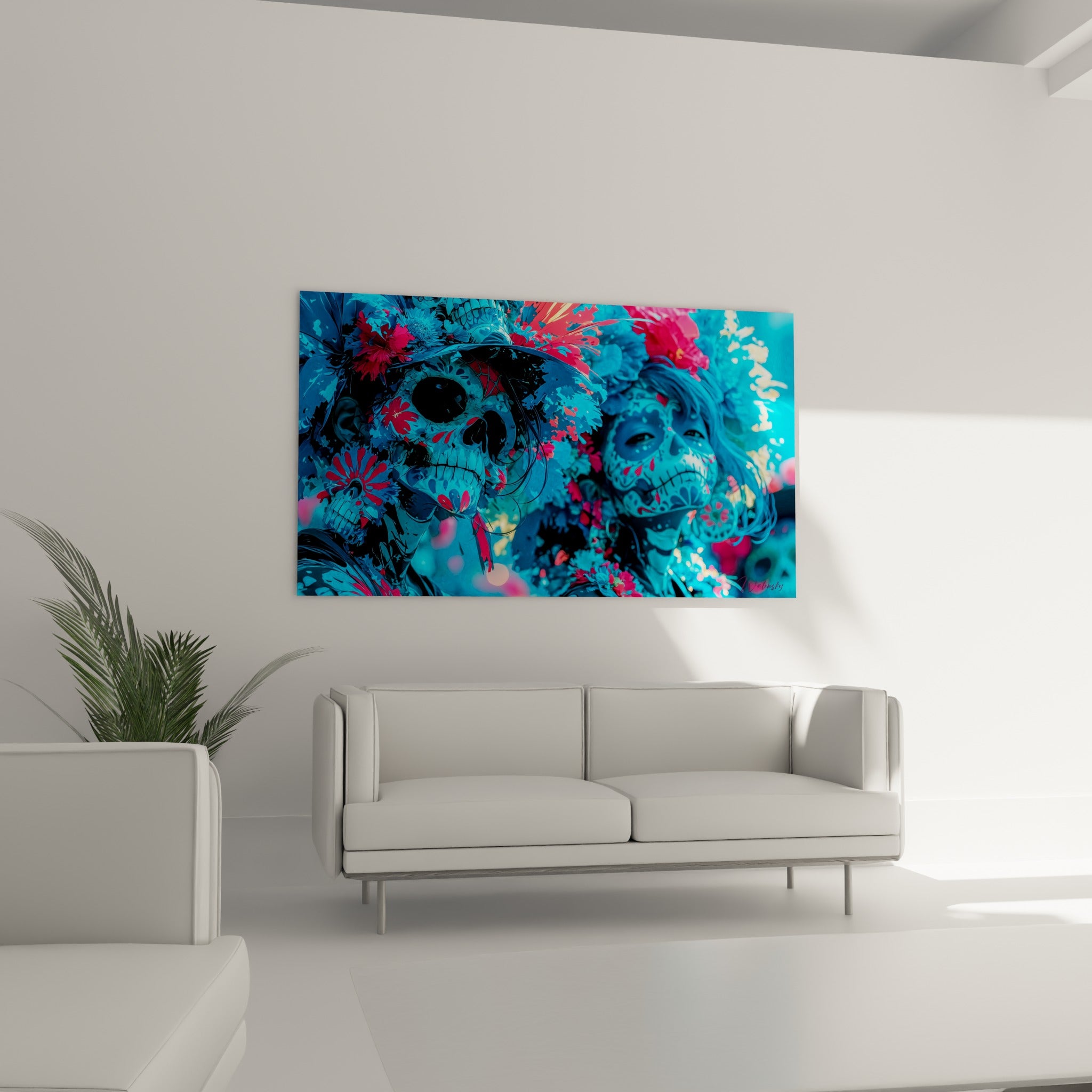 Crânes fleuris du Dia de los Muertos aux teintes bleu marine et fuchsia au-dessus d'un canapé dans un salon lumineux