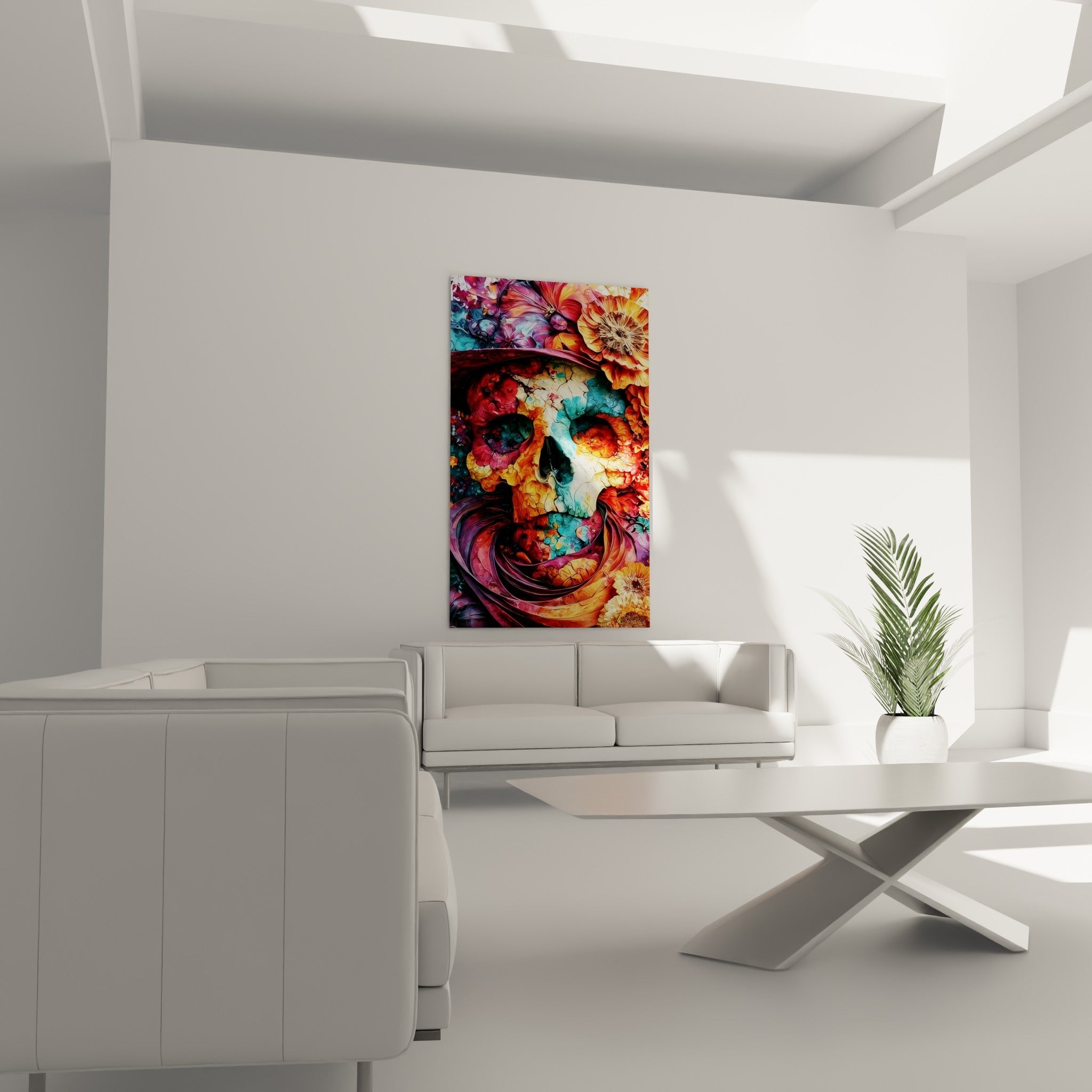 Motifs floraux pourpres et orange d'un crâne Dia de los Muertos au-dessus d'un canapé dans un salon lumineux
