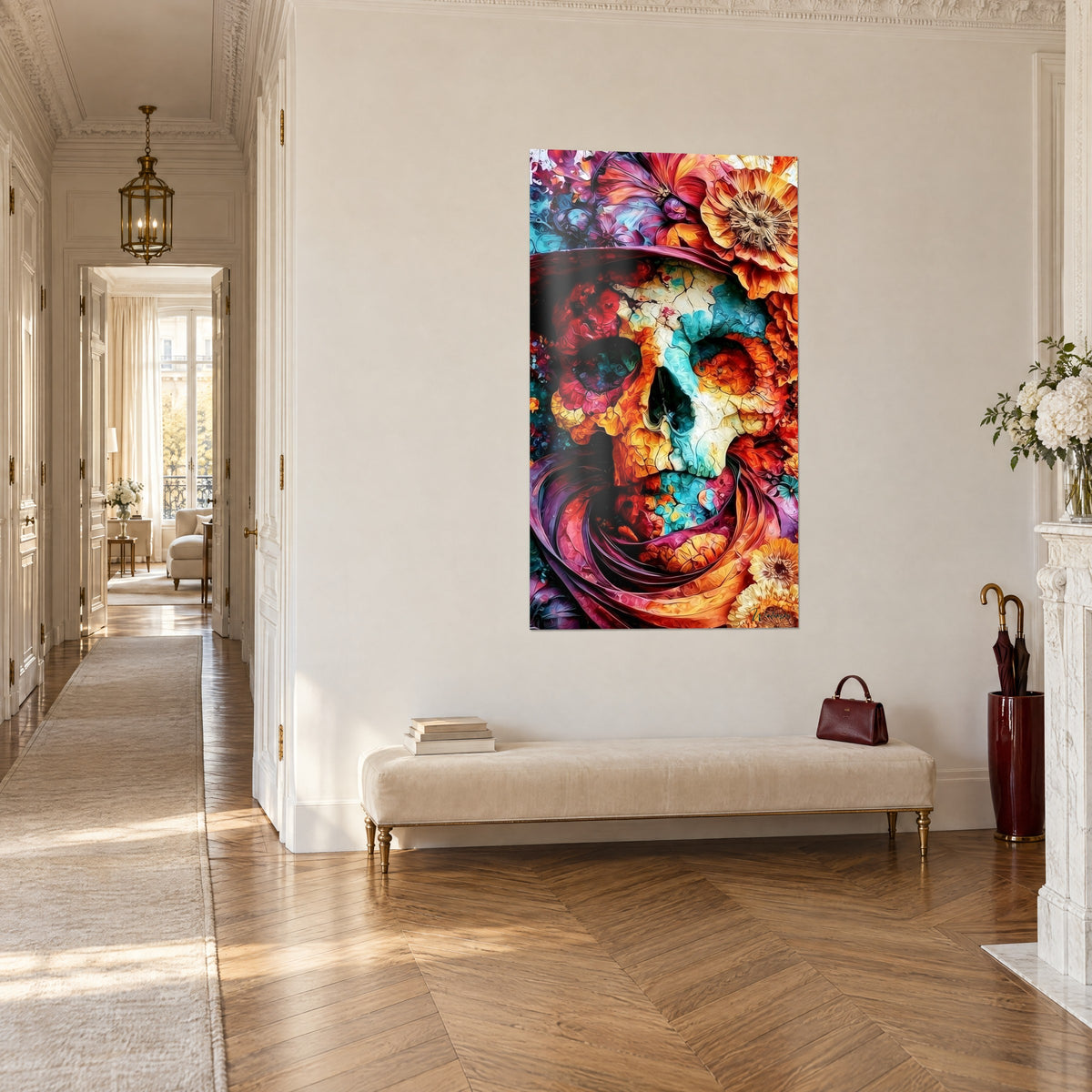 Wall art skull in ivory and carmine beneath a flower hat, three-quarter view at the end of a Haussmann-style corridor
