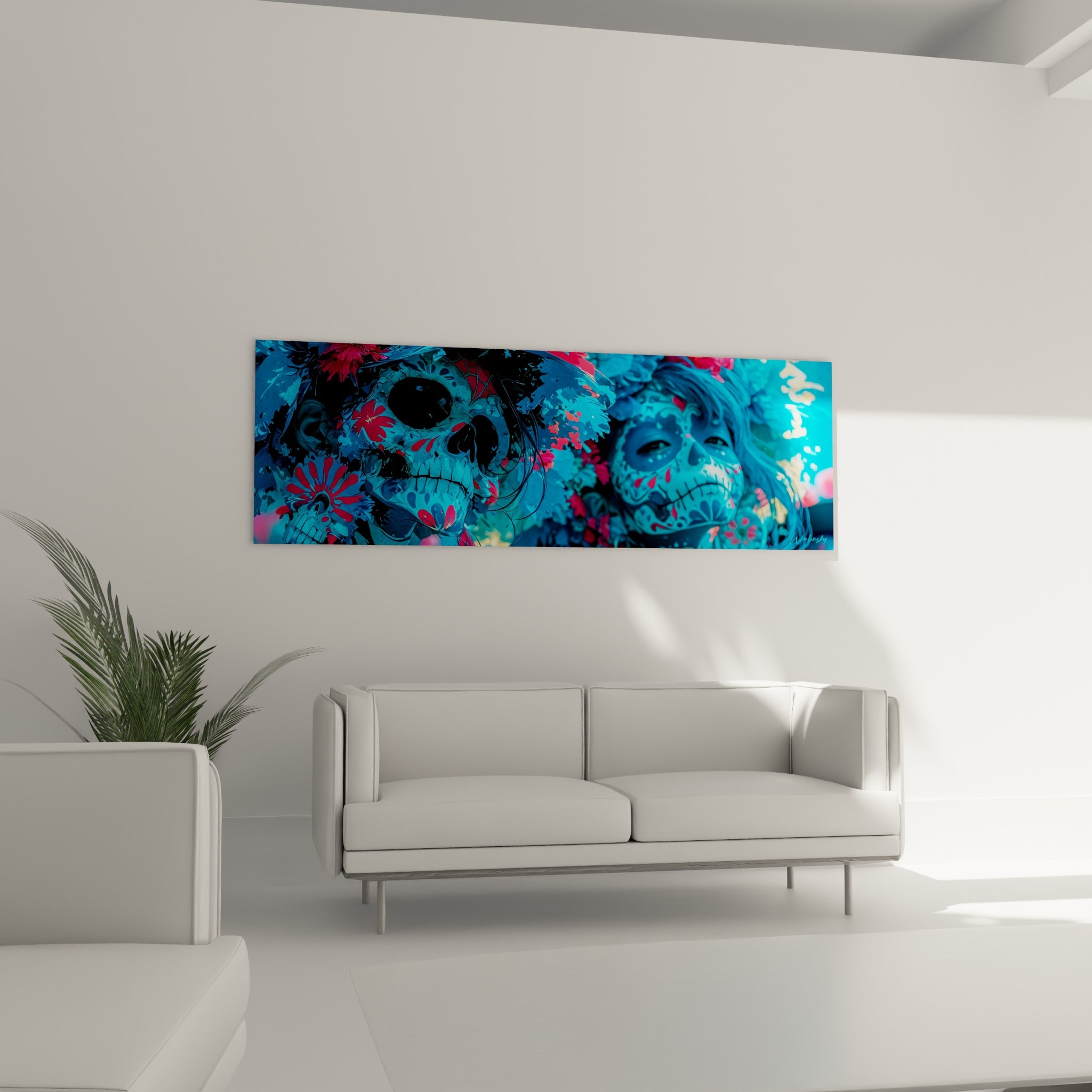 Figures Dia de los Muertos en bleu turquoise et rose vif, accrochées au-dessus d'un canapé dans un salon lumineux.