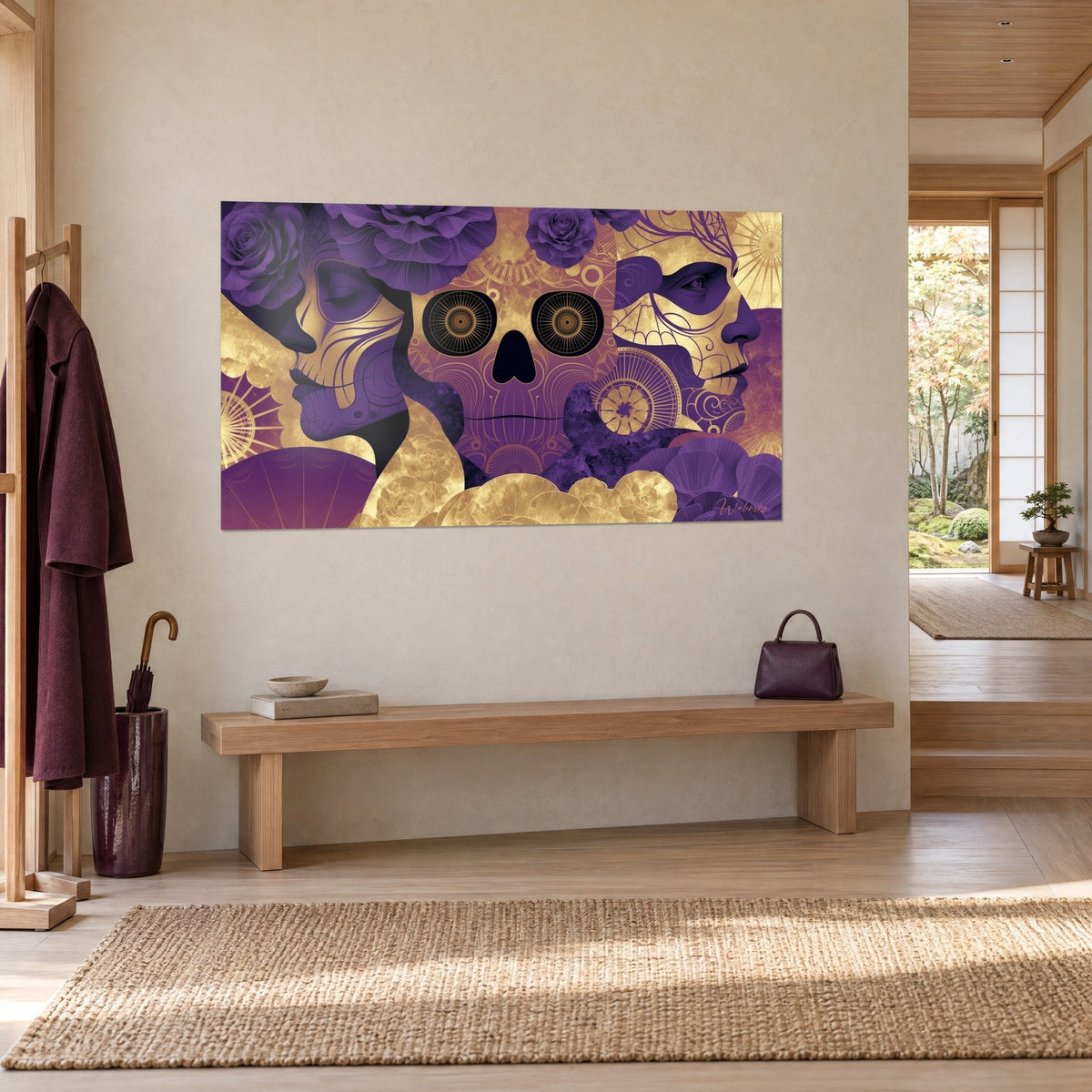 Πίνακας calavera με κόγχες μάτιων σε μορφή ρόδακα, προφίλ αντικρυστά σε δαμασκηνί και χρυσό, τρία τέταρτα σε κρεμ τοίχο δίπλα σε πάγκο