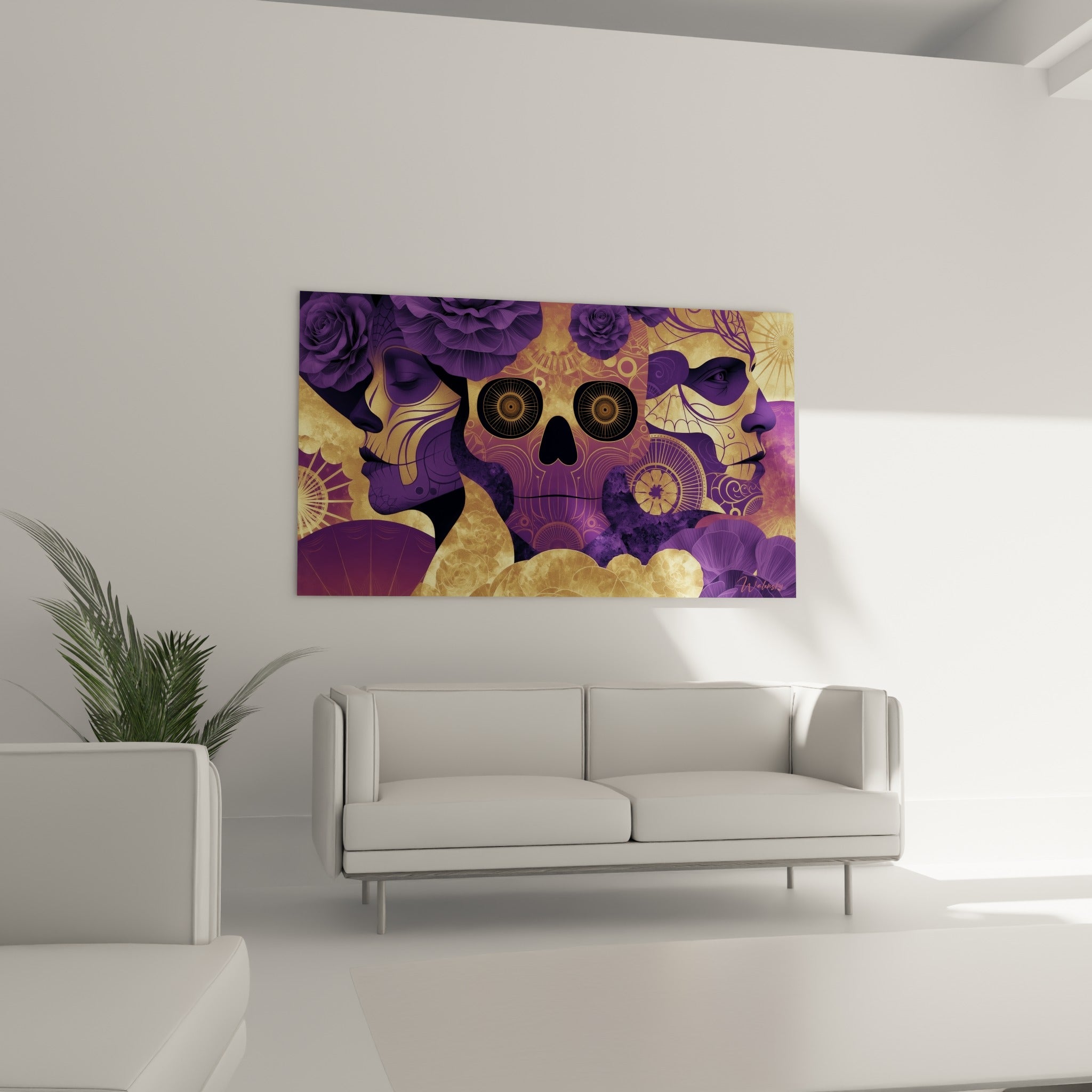 Visages mauves et crâne orné doré du tableau Dia de los Muertos, au-dessus d'un canapé dans un salon lumineux