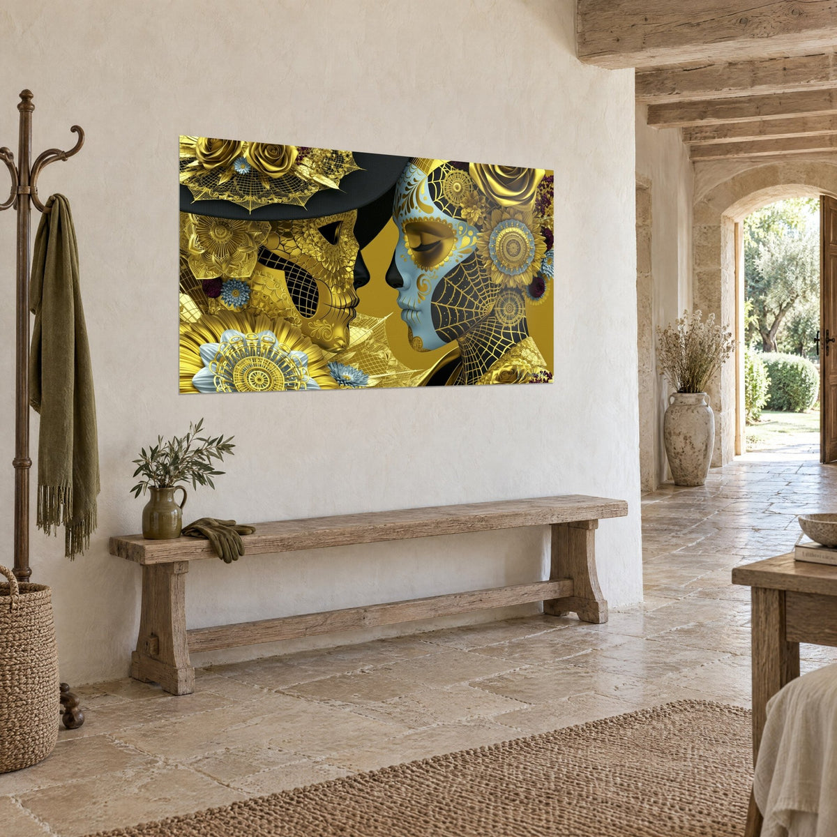 Tableau profils nez contre nez, un visage bleu ciel peint de toiles d'araignée dorées, grandes roses jaune d'or, entrée en pierre