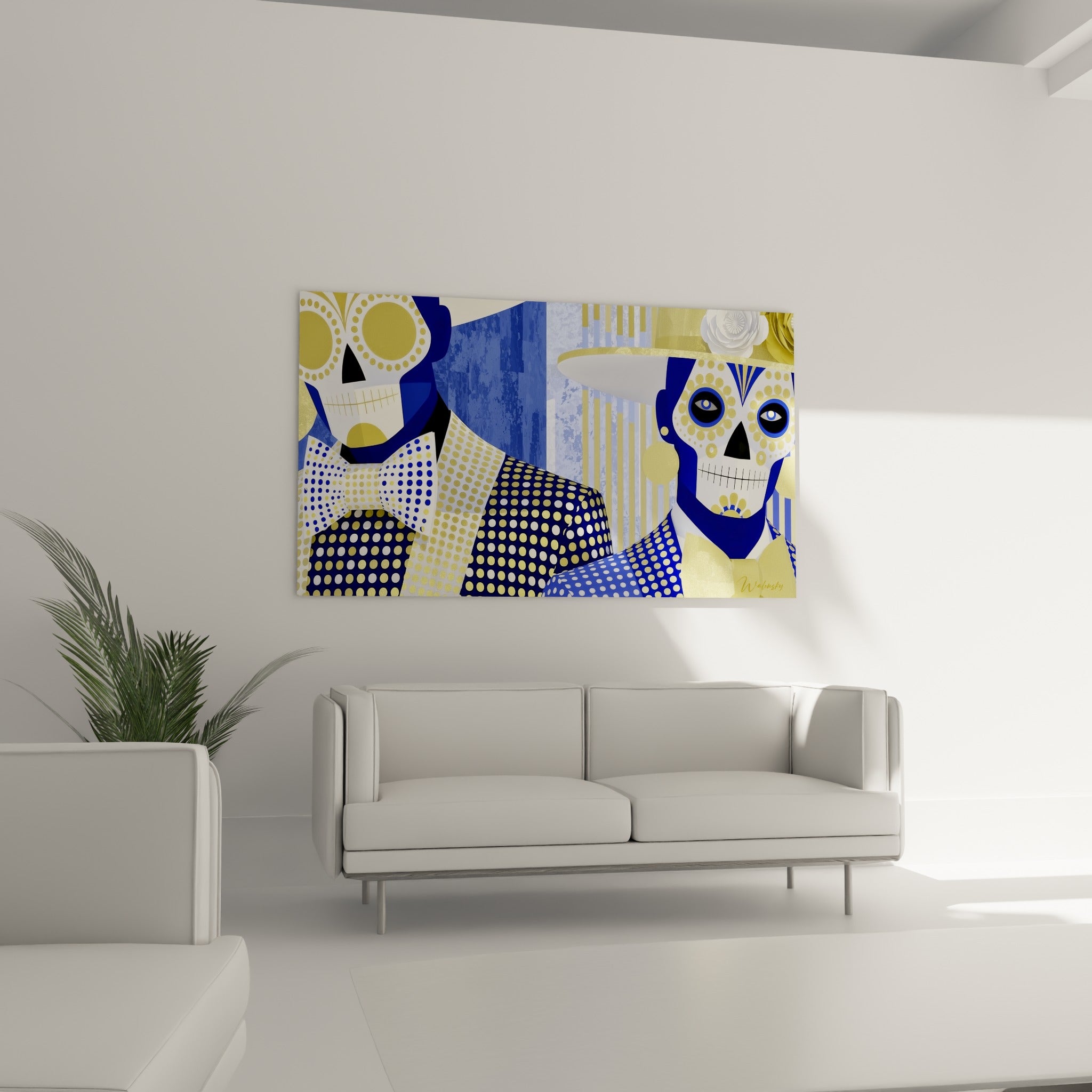 Crânes Dia de los Muertos vêtus de bleu marine et or trônant au-dessus d'un canapé dans un salon lumineux