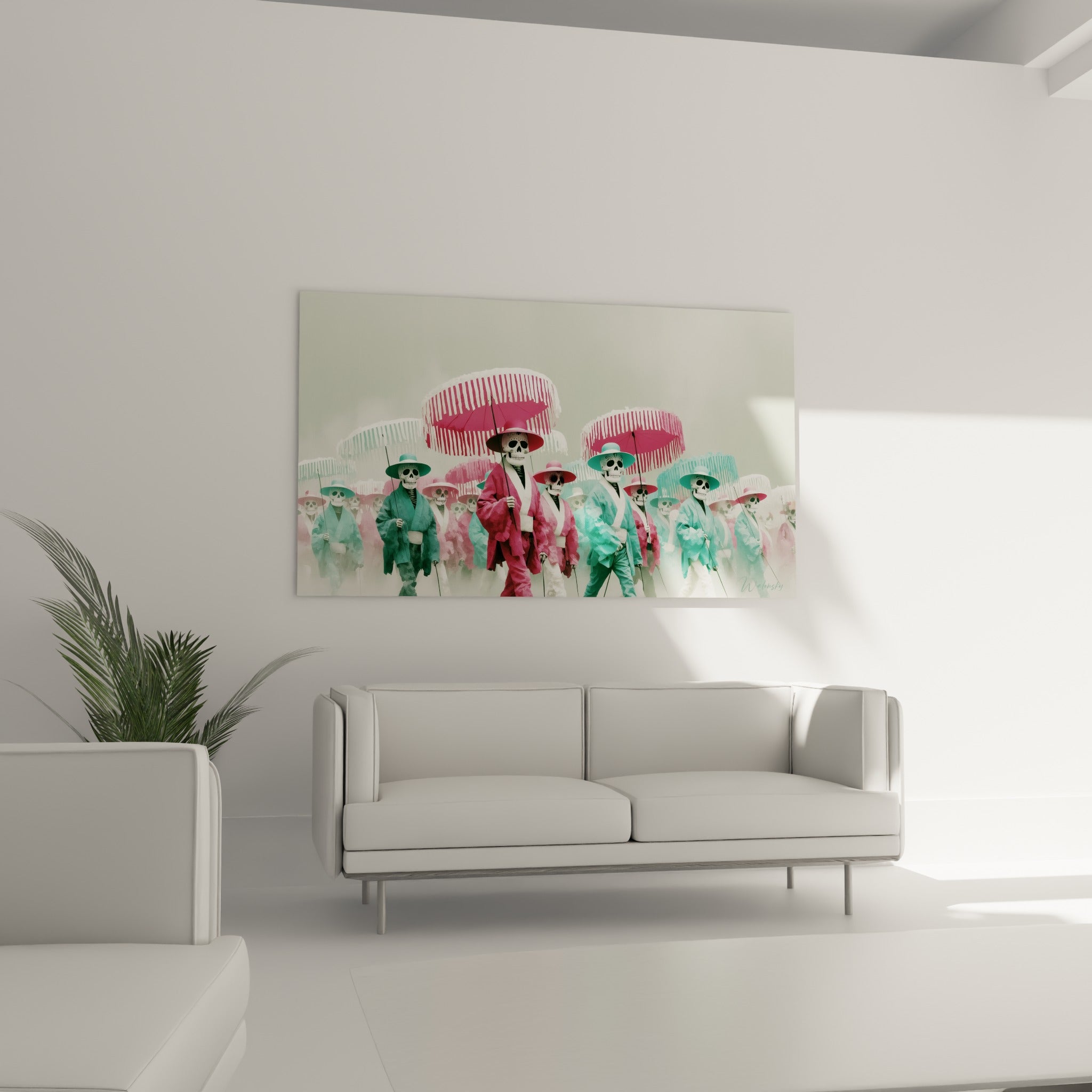 Cortège funéraire de squelettes roses et verts, tableau Dia de los Muertos au-dessus d'un canapé dans un salon lumineux