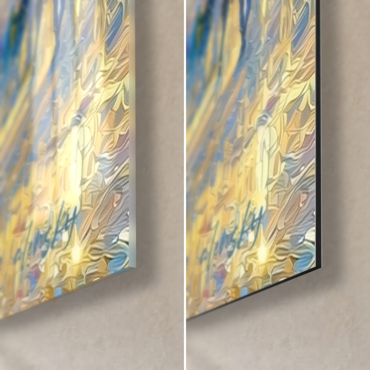 Tableau crâne sucré bleu et or, coin bas droit : verre acrylique brillant à gauche, alu Dibond mat à droite, tranche de 3 mm visible