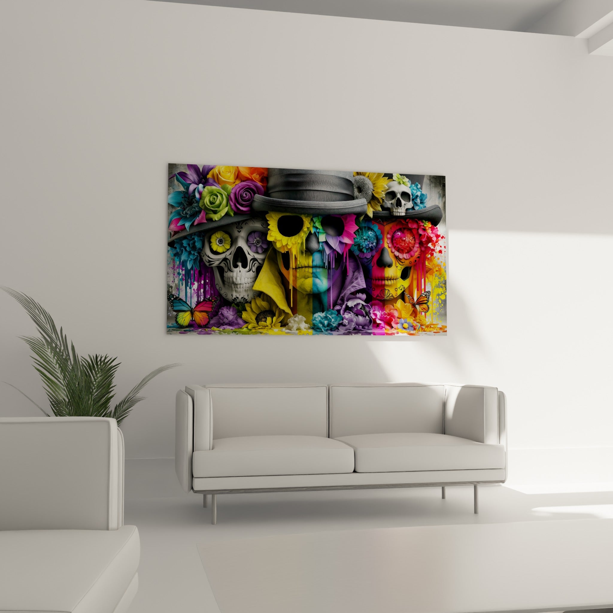 Chapeau anthracite et crâne fleuri doré dominant une scène colorée, au-dessus d'un canapé dans un salon lumineux