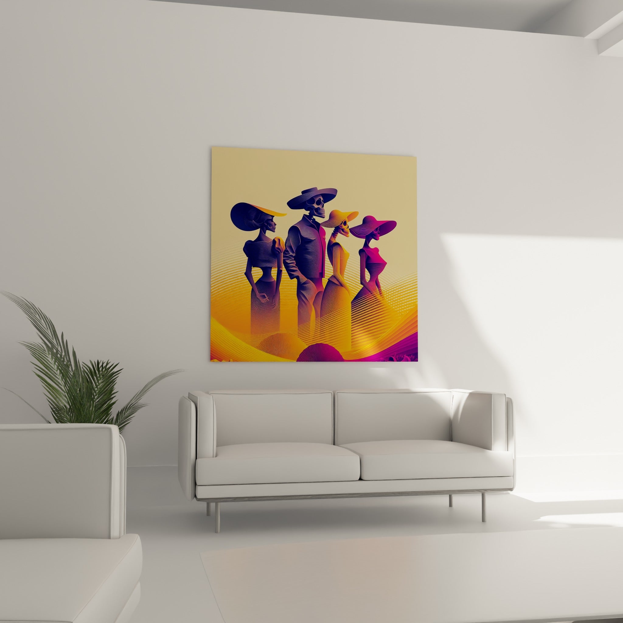 Personnages stylisés en camaïeu orange et violet, tableau Dia de los Muertos au-dessus d'un canapé dans un salon lumineux