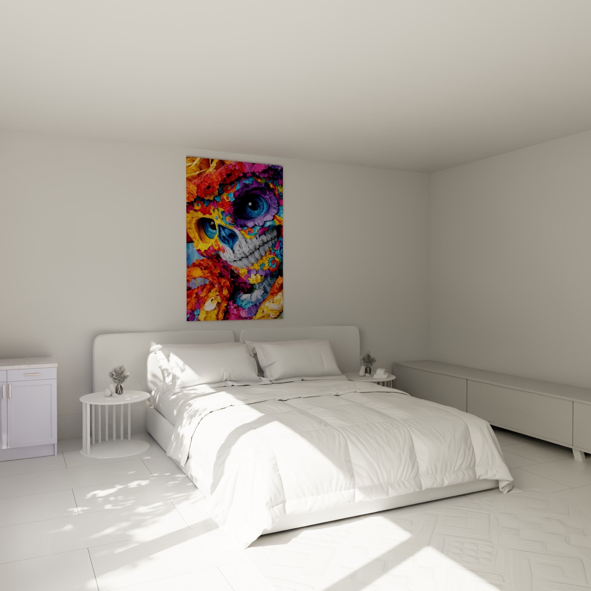 Motifs floraux jaunes et bleus du Dia de los Muertos au-dessus d'un lit dans une chambre claire