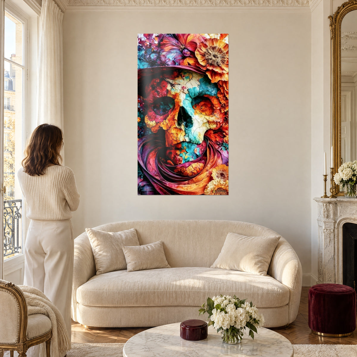 Wall art mosaic skull in orange and turquoise crowned with peonies, woman seen from behind above a sofa in a bright living room