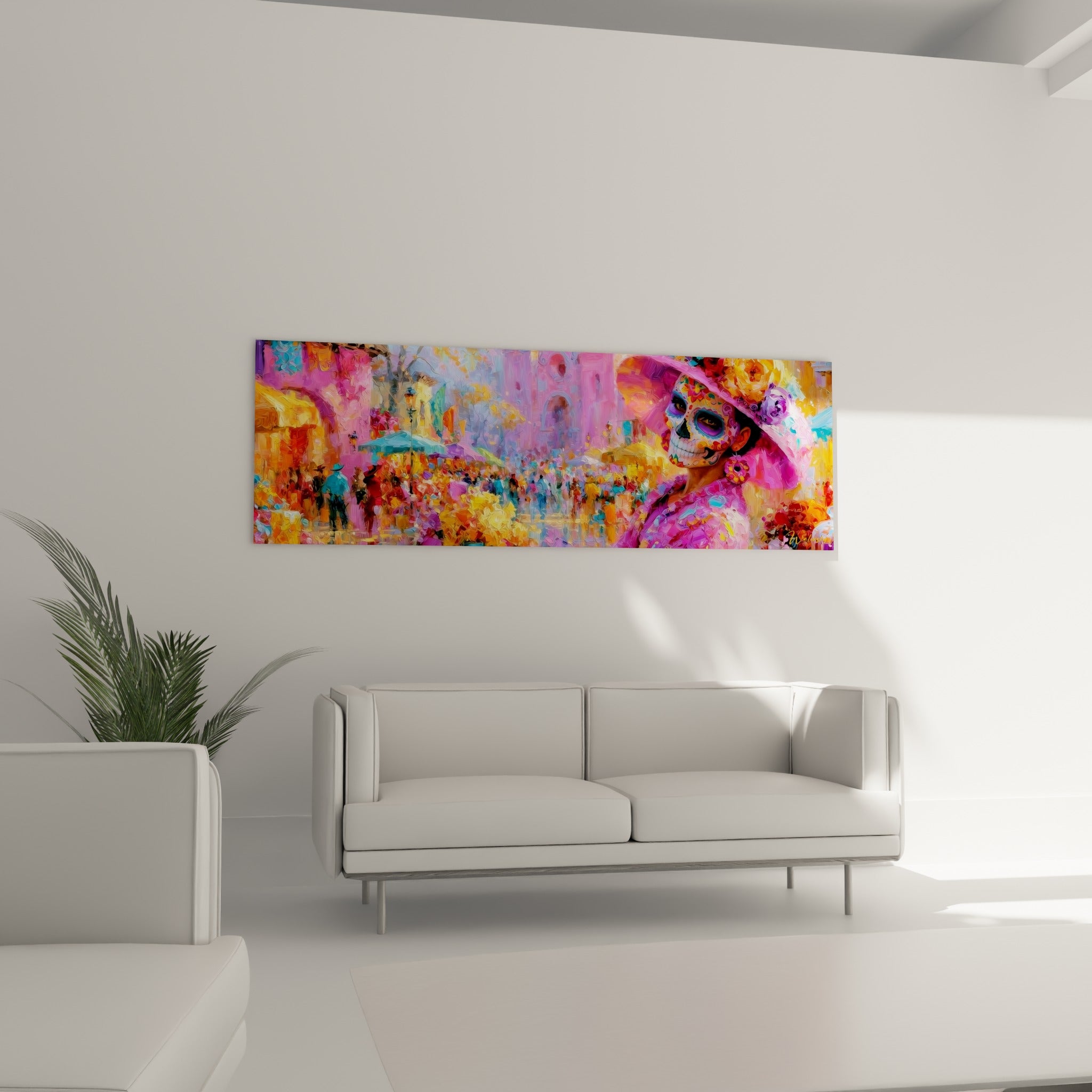 Silhouette en chapeau turquoise et rose parmi une foule colorée, au-dessus d'un canapé dans un salon lumineux