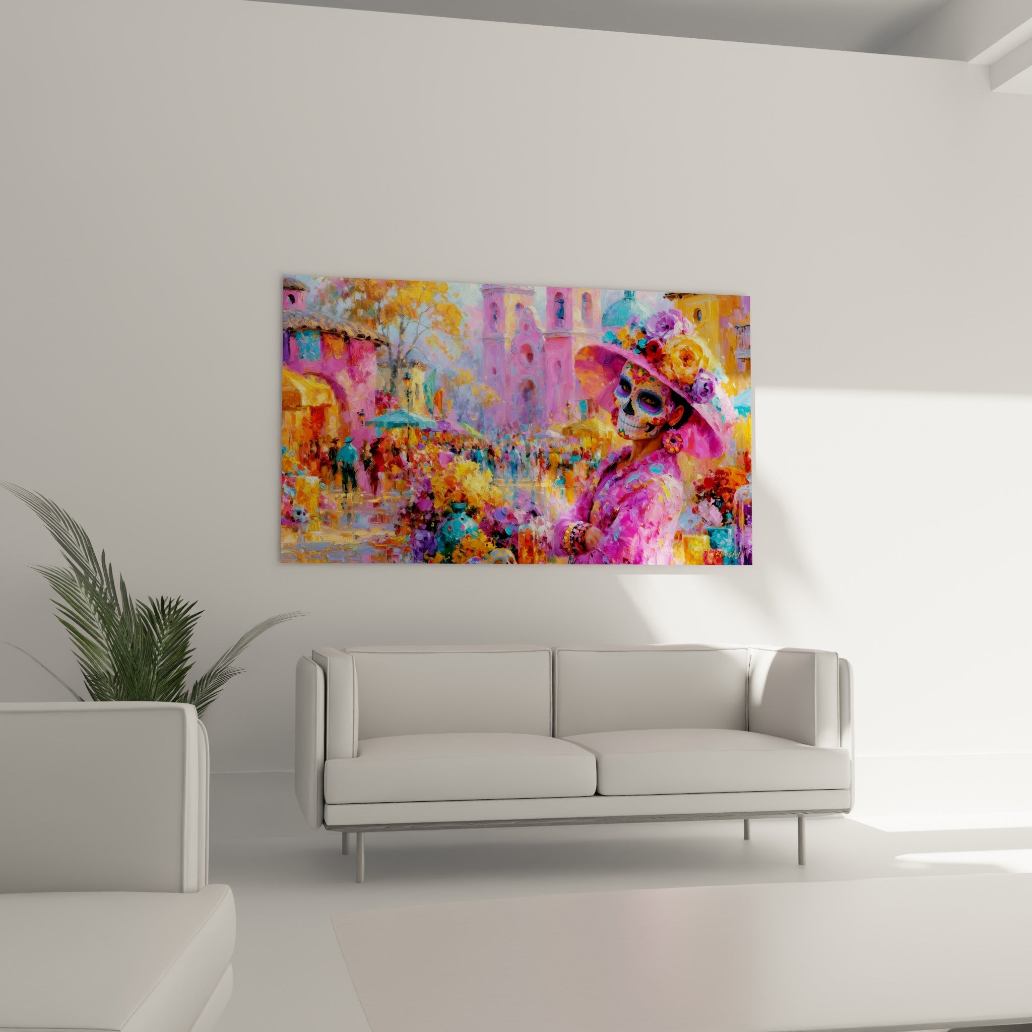 Chapeau fleuri rose et turquoise sur visage peint, tableau au-dessus d'un canapé dans un salon lumineux