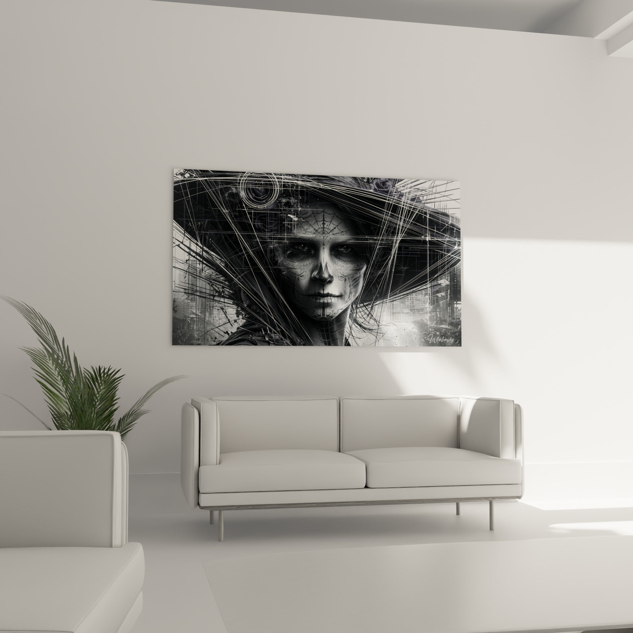 Portrait funéraire mexicain aux tons anthracite et blanc, au-dessus d'un canapé dans un salon lumineux