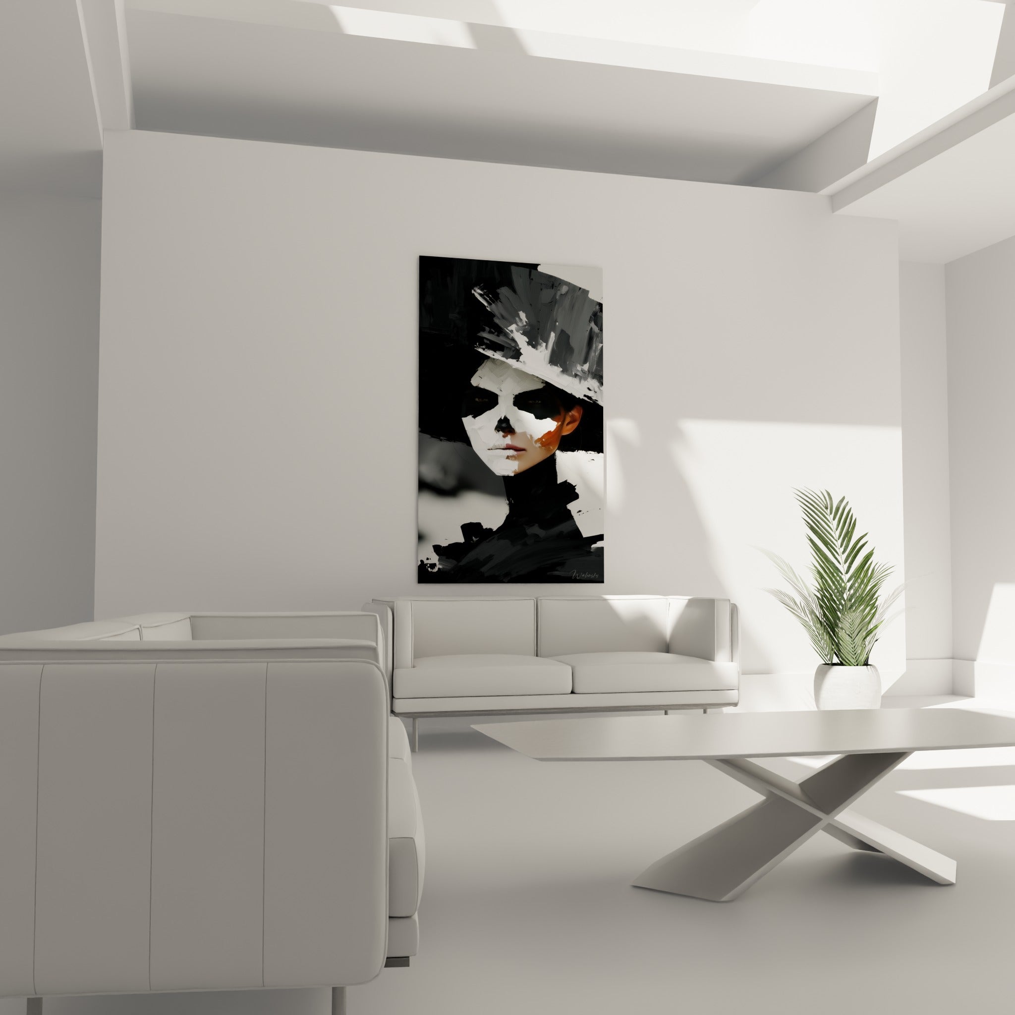 Figure Dia de los Muertos au masque blanc texturé sur noir profond, au-dessus d'un canapé dans un salon lumineux