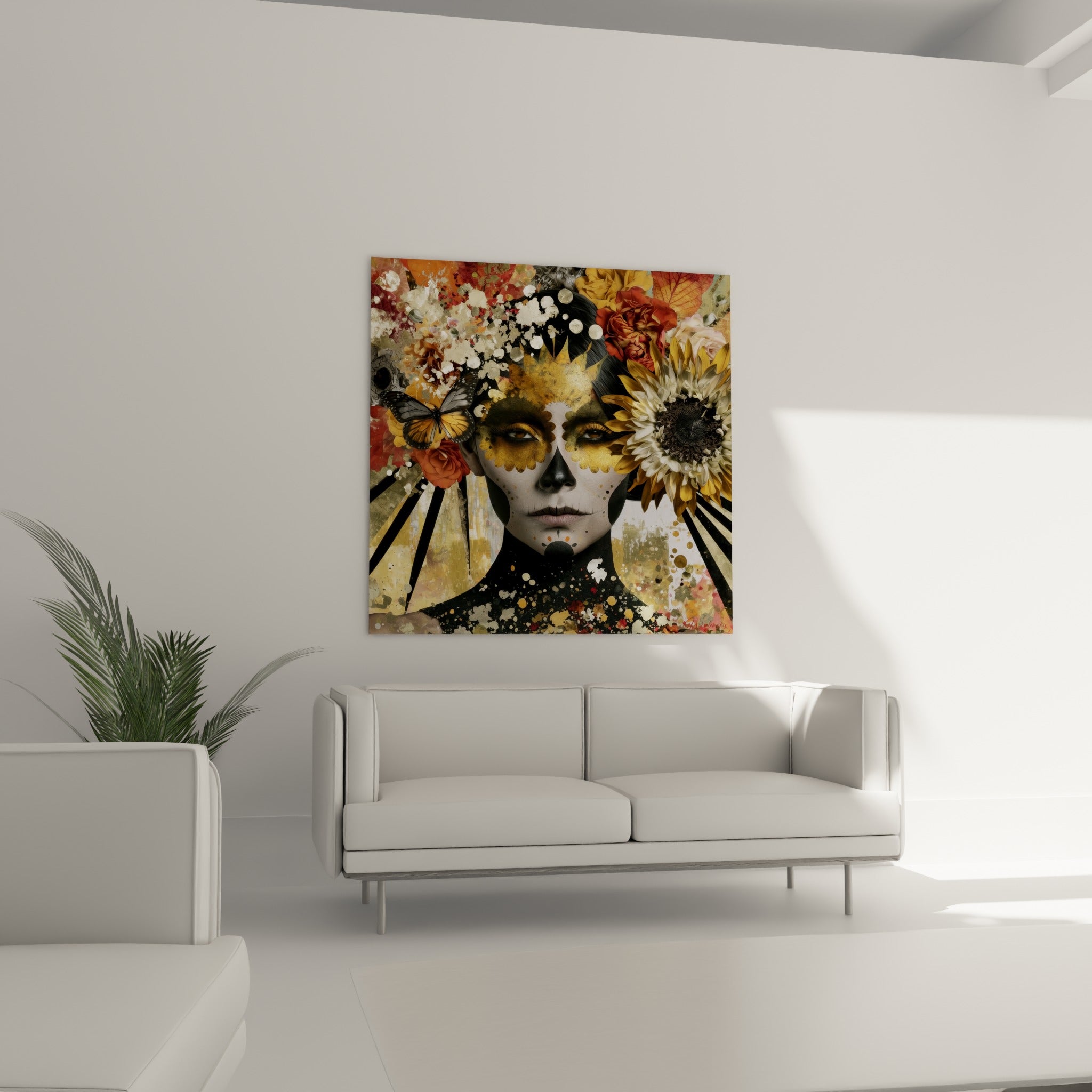Portrait mexicain aux tons ocre et rouge terracotta, suspendu au-dessus d'un canapé dans un salon lumineux