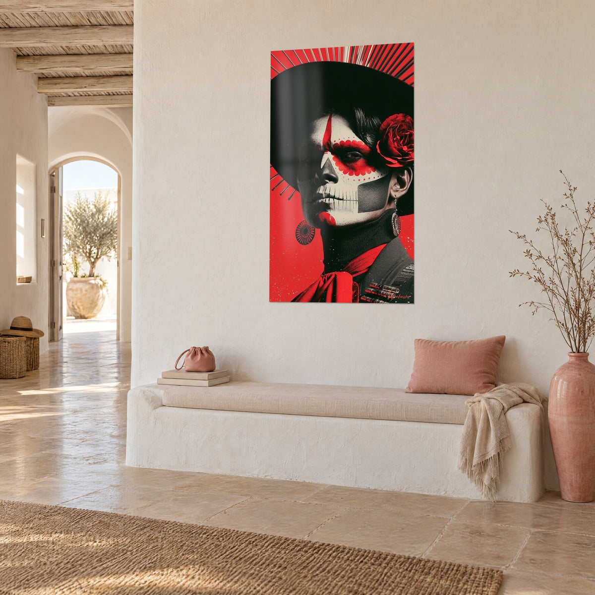 Wall art made-up skeleton with red petals on a scarlet background, large black hat, round earrings, white bench and pink vase