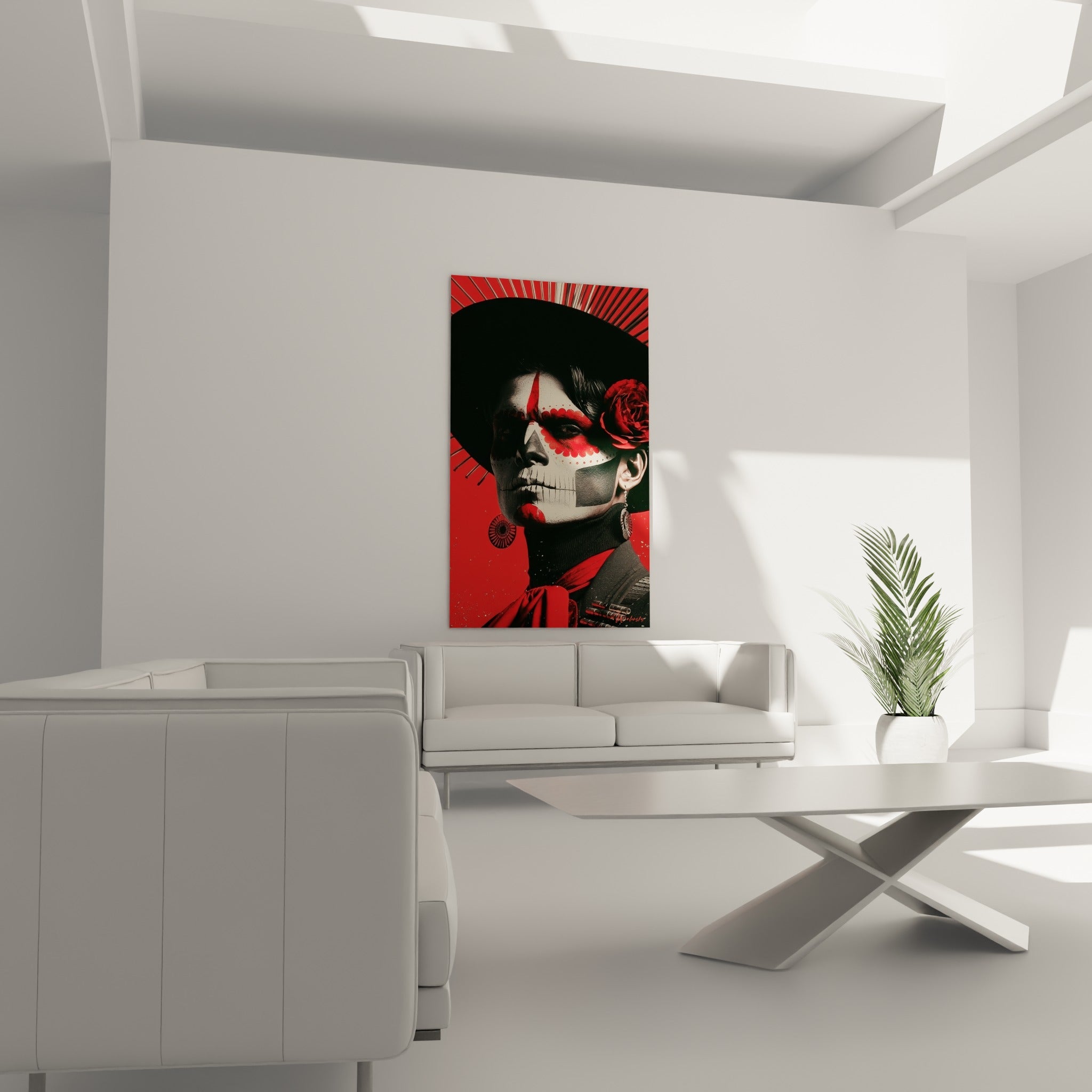 Calavera Dia de los Muertos aux tons rouge écarlate suspendue au-dessus d'un canapé dans un salon lumineux