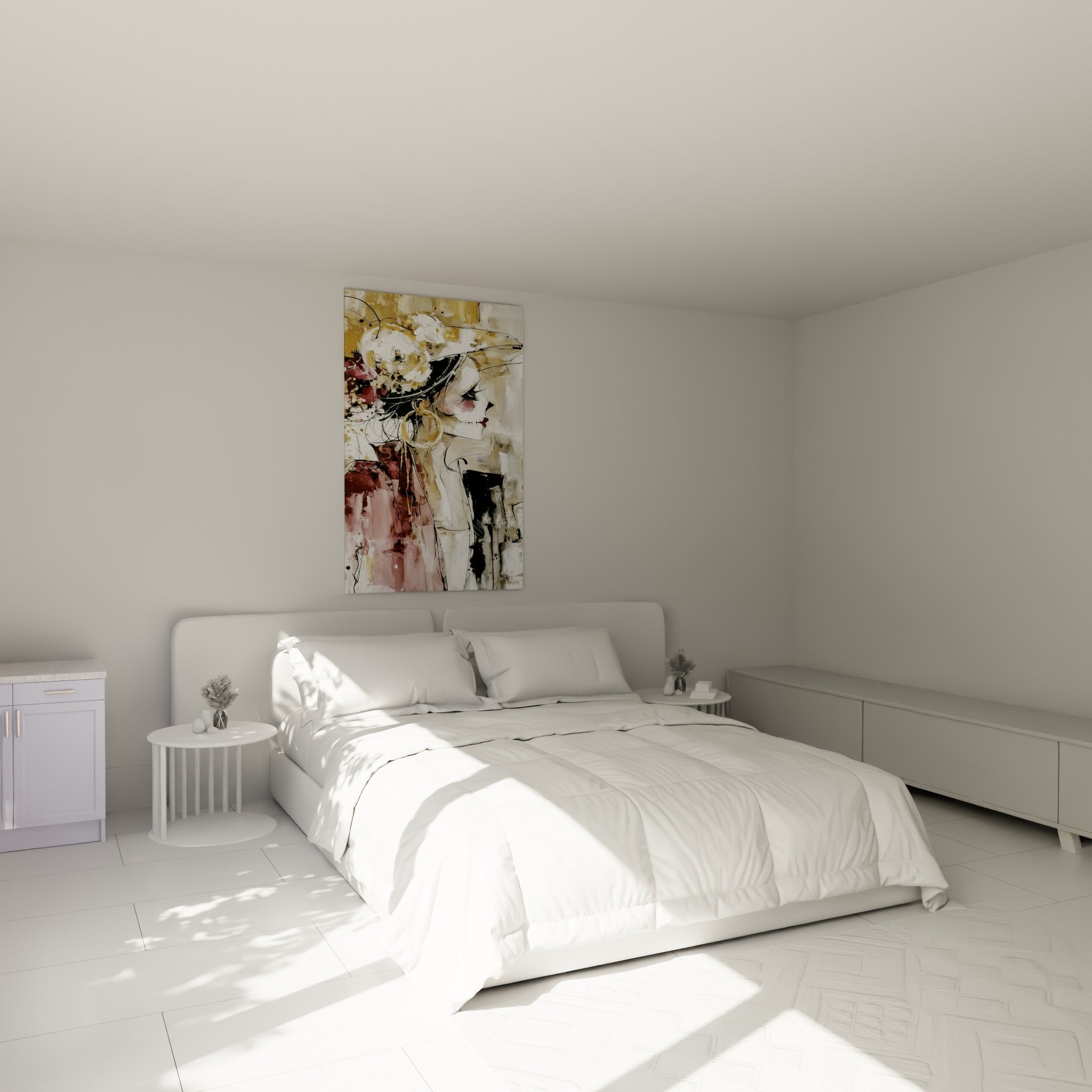Visage Dia de los Muertos couronné de fleurs blanches, tons ocre et bordeaux, au-dessus d'un lit dans une chambre claire