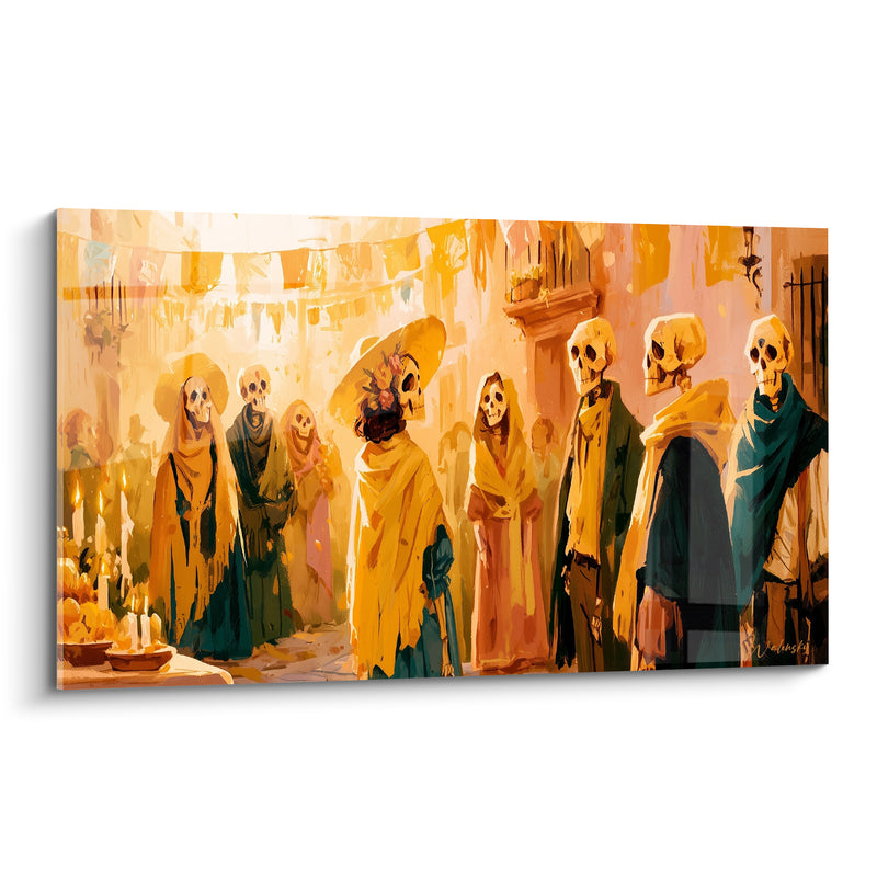 Tableau Squelettes en procession dorée et verte - Procession des âmes - Edition Dia de los Muertos