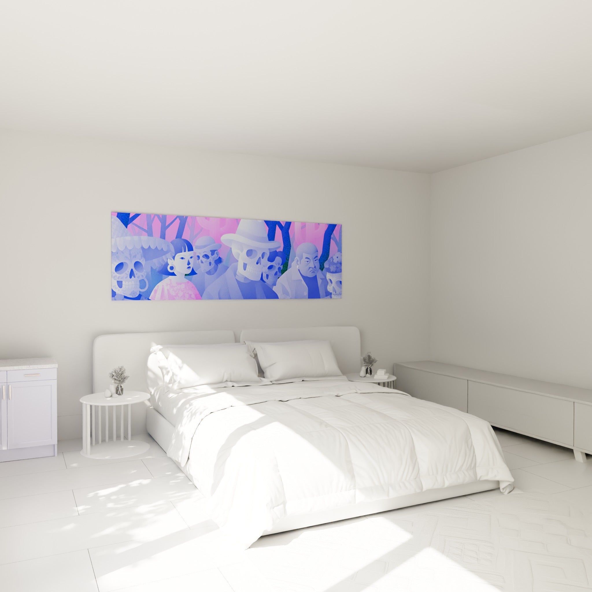 Silhouettes du Dia de los Muertos en bleu marine et rose pastel, accrochées au-dessus d'un lit dans une chambre claire
