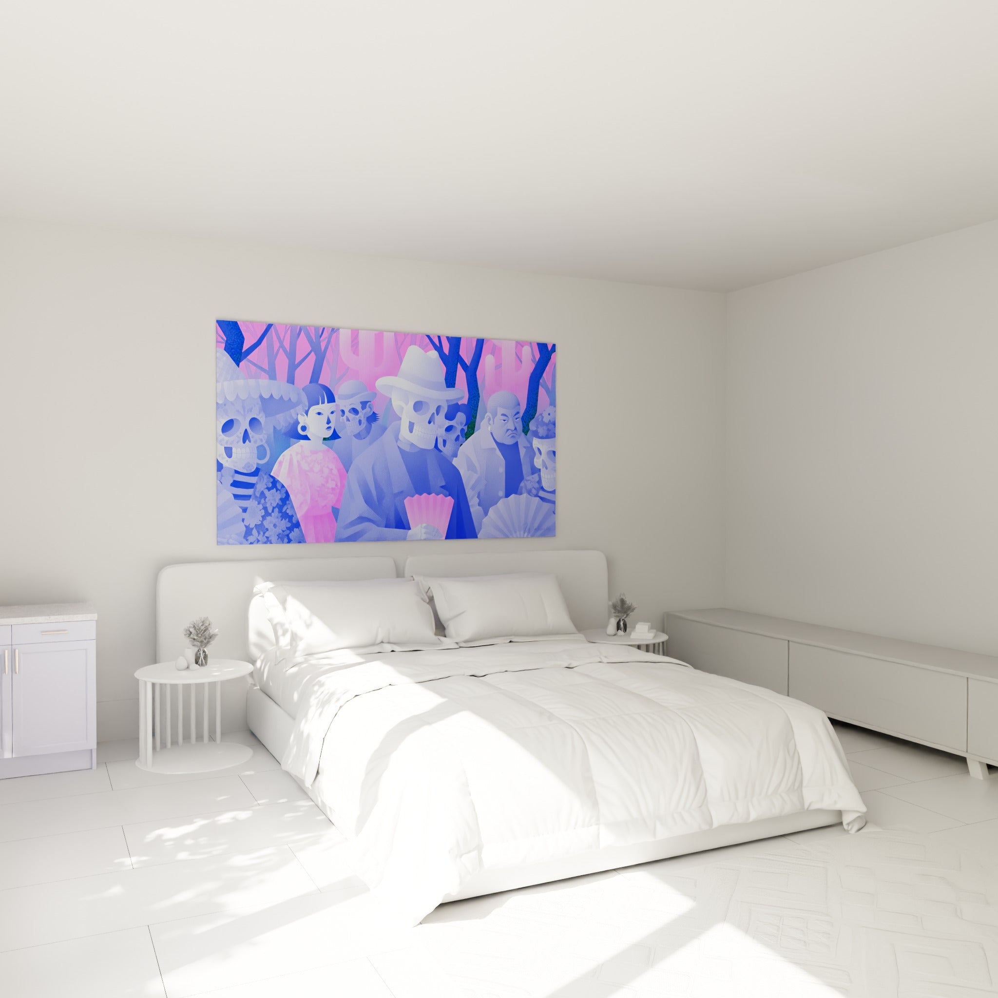 Cortège Dia de los Muertos bleu indigo et rose au-dessus d'un lit dans une chambre claire
