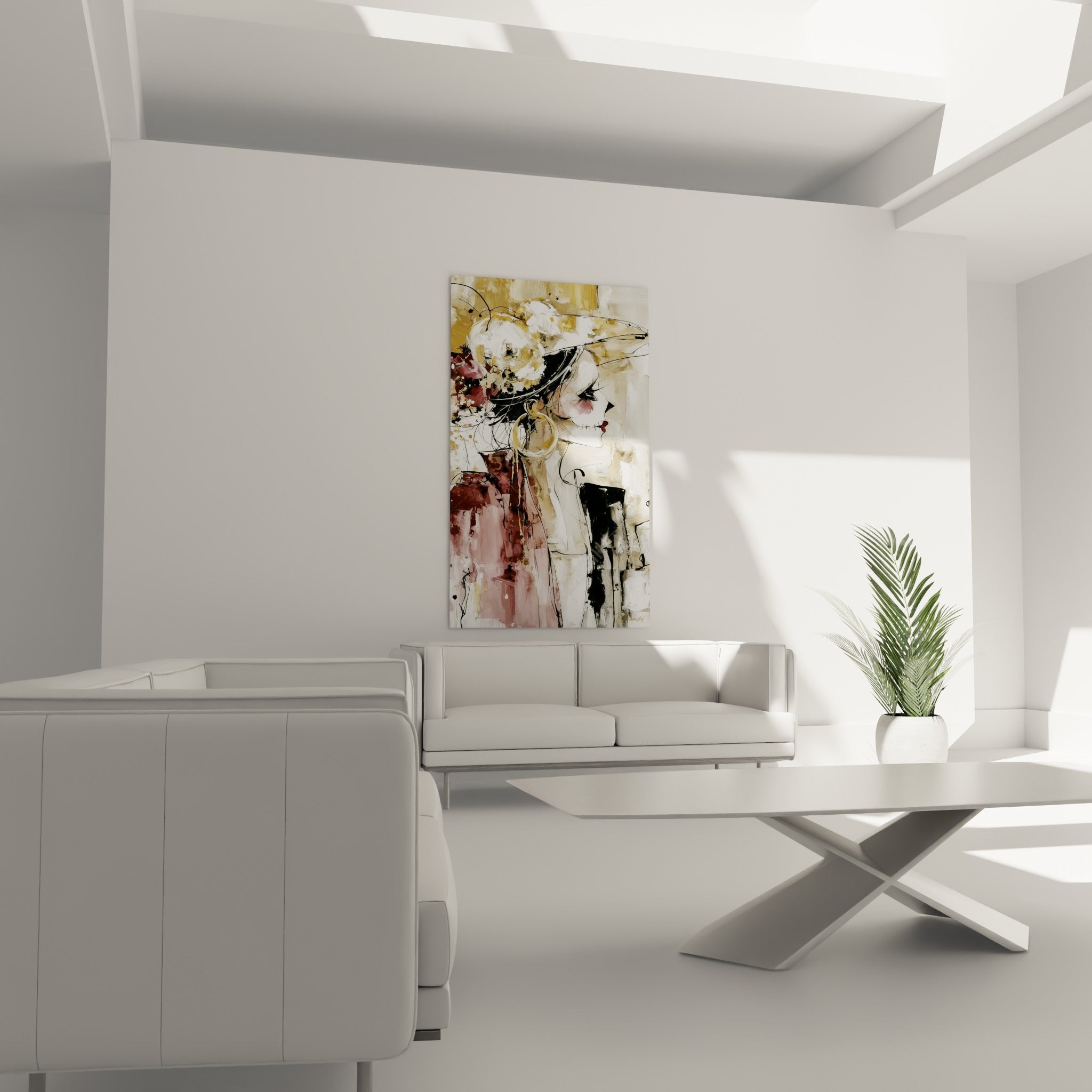 Portrait Dia de los Muertos aux fleurs blanches et robe terracotta, au-dessus d'un canapé dans un salon lumineux