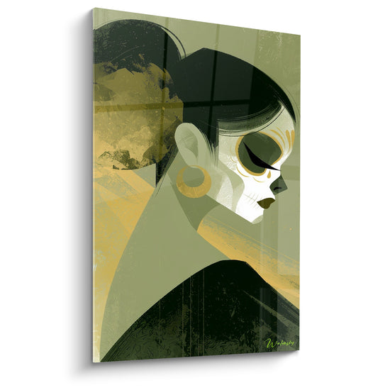 Profil vert olive et doré, maquillage de crâne Dia de los Muertos, boucle d'oreille ronde