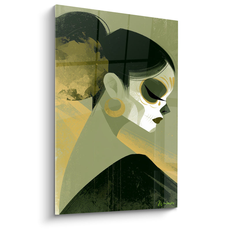 Tableau Femme au visage vert et doré - Veille entre deux mondes - Edition Dia de los Muertos