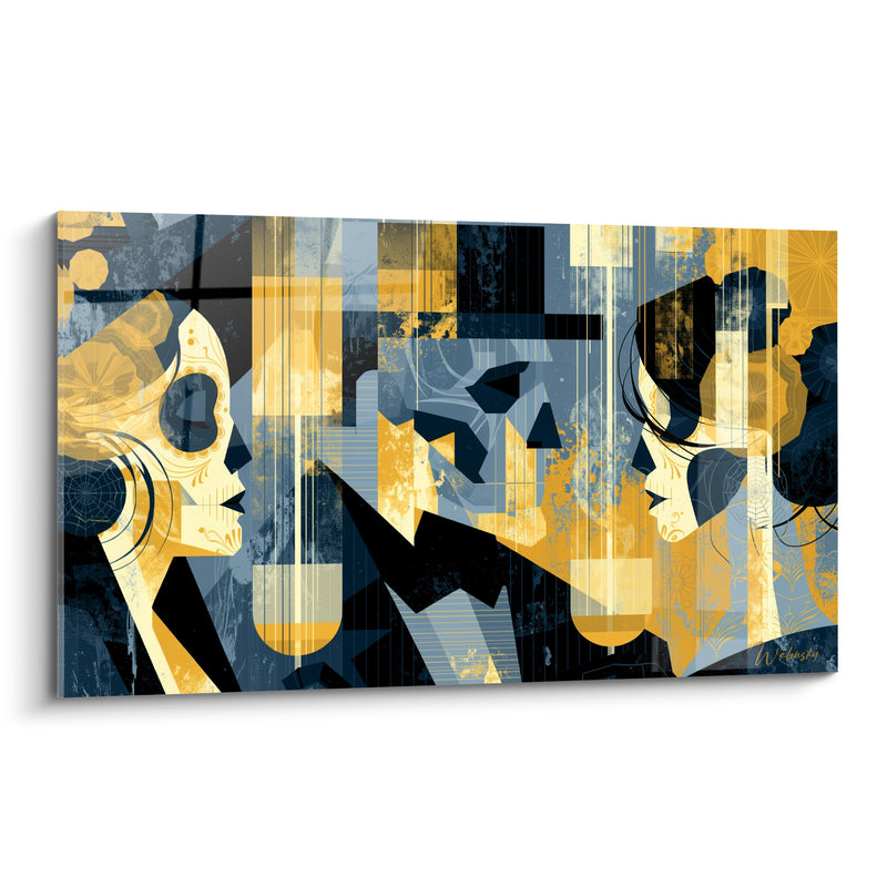 Tableau Visages profil bleu marine et doré aux toiles d'araignée - Faces géométriques face à face - Edition Dia de los Muertos