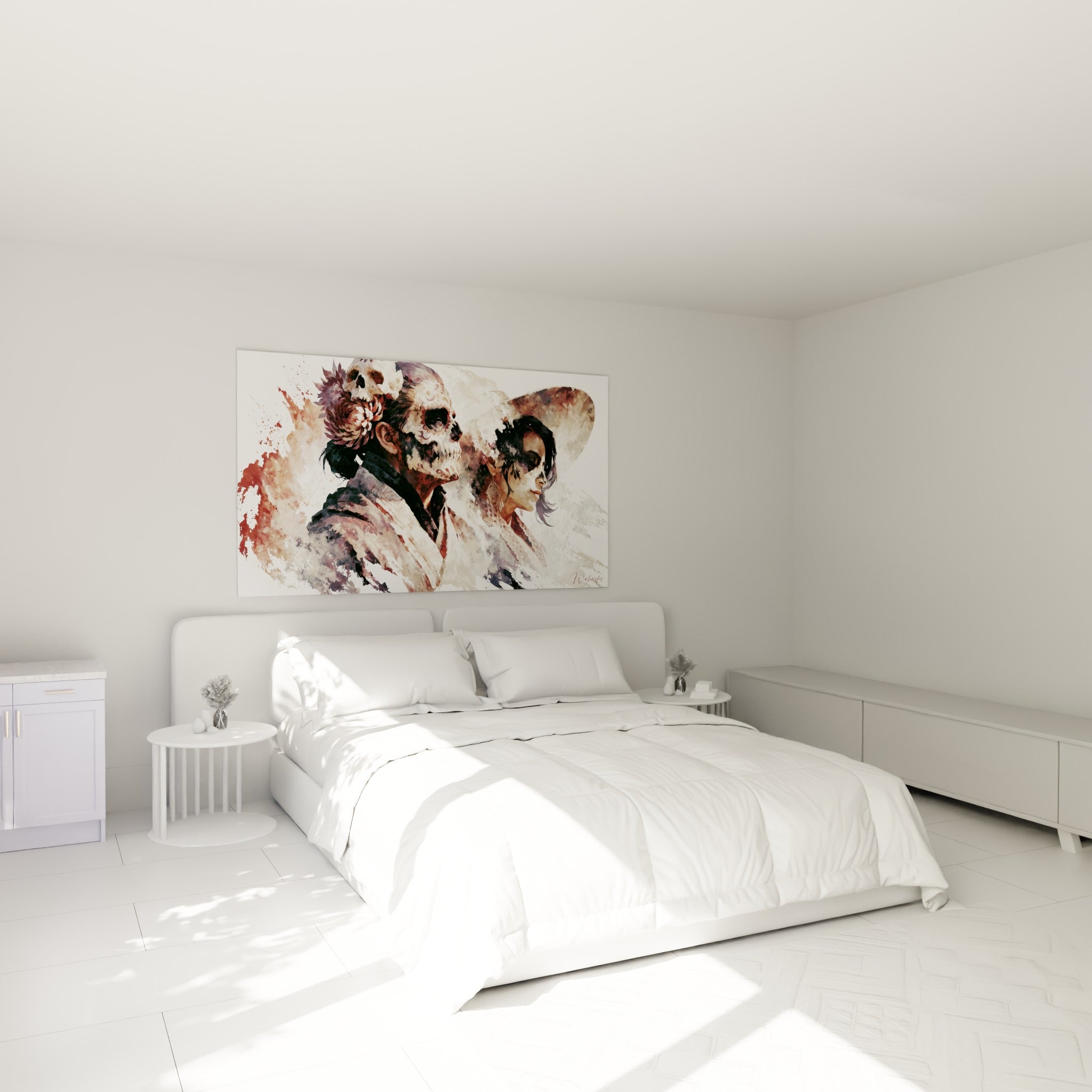 Profils Dia de los Muertos ocre et blanc estompé accrochés au-dessus d'un lit dans une chambre claire