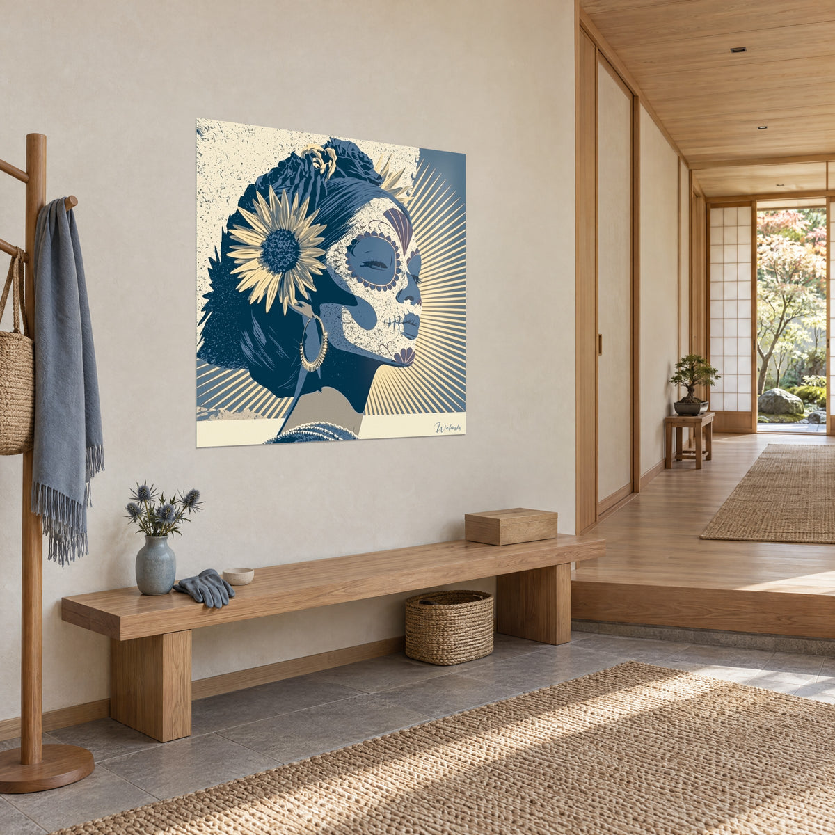 Πίνακας γυναίκα με μακιγιάζ calavera, χρυσές ακτίνες και μαύρα μπλε μαλλιά, κοντά σε είσοδο από ανοιχτόχρωμο ξύλο japandi