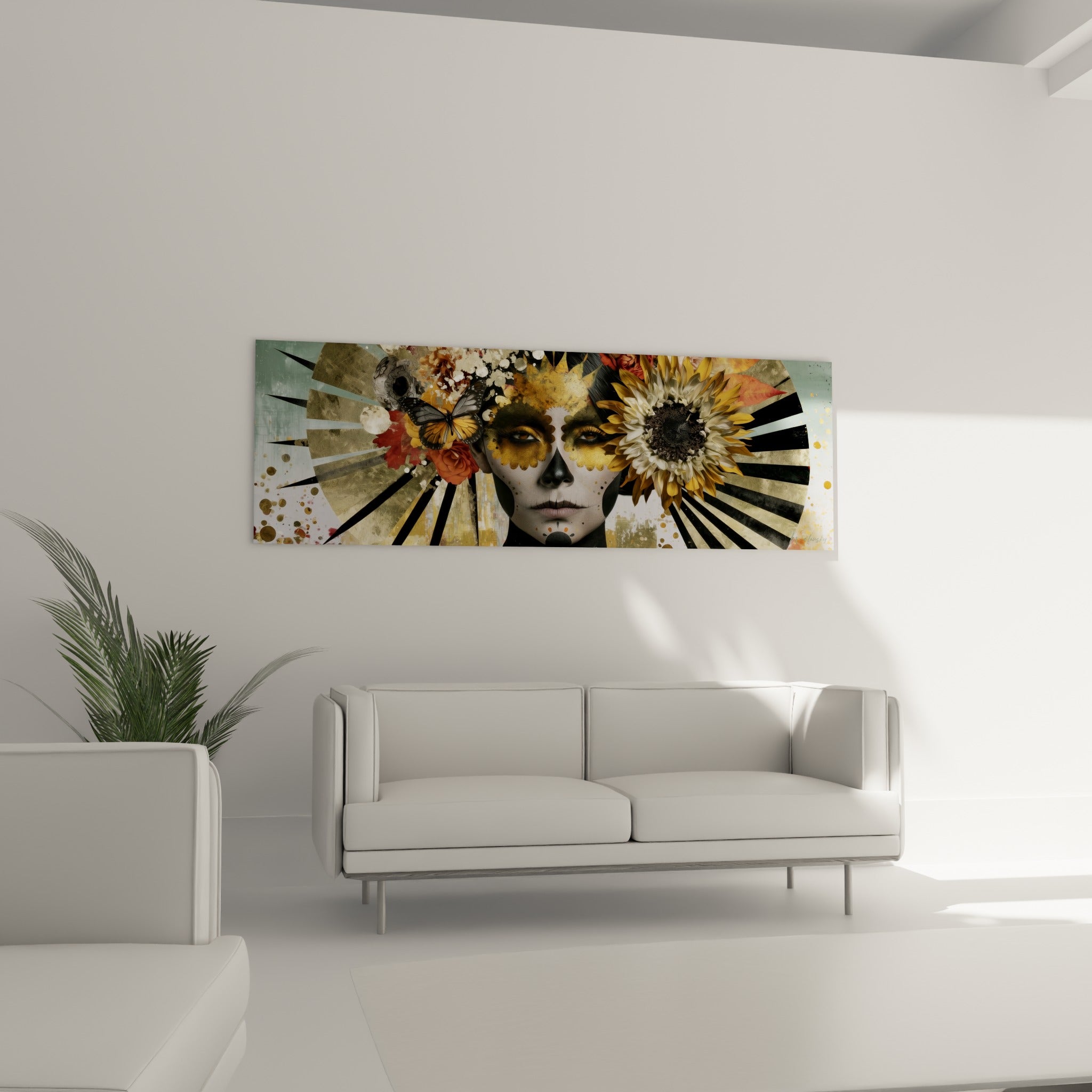 Tournesol doré et rayons noirs du tableau Dia de los Muertos, suspendu au-dessus d'un canapé dans un salon lumineux