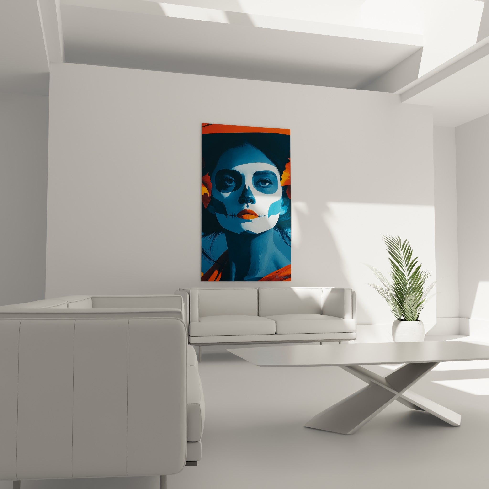Visage anthracite au maquillage crâne et fleurs fauves, tableau Dia de los Muertos au-dessus d'un canapé dans un salon lumineux