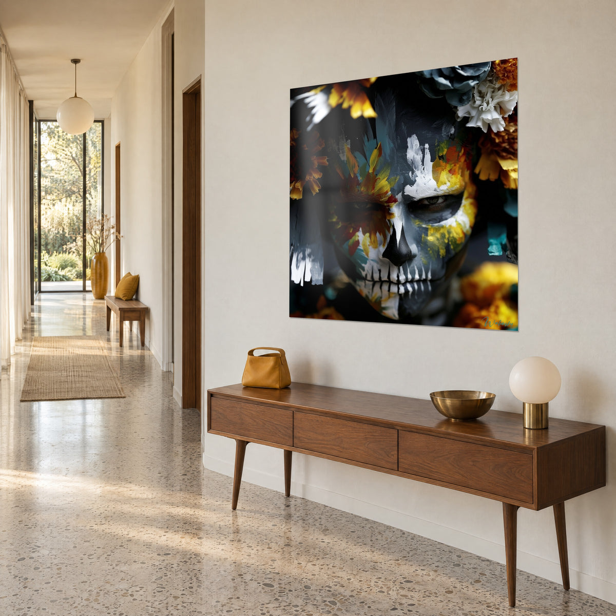 Πίνακας calavera με διαπεραστικό βλέμμα, λευκές και πορτοκαλί πινελιές σε ανθρακί φόντο, τριών τετάρτων όψη σε φωτεινό διάδρομο