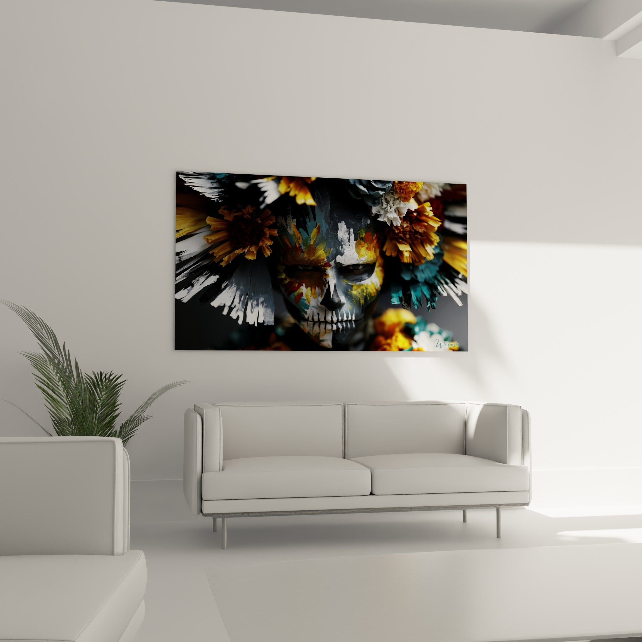 Regard perçant du Dia de los Muertos entouré de fleurs dorées et blanches au-dessus d'un canapé dans un salon lumineux