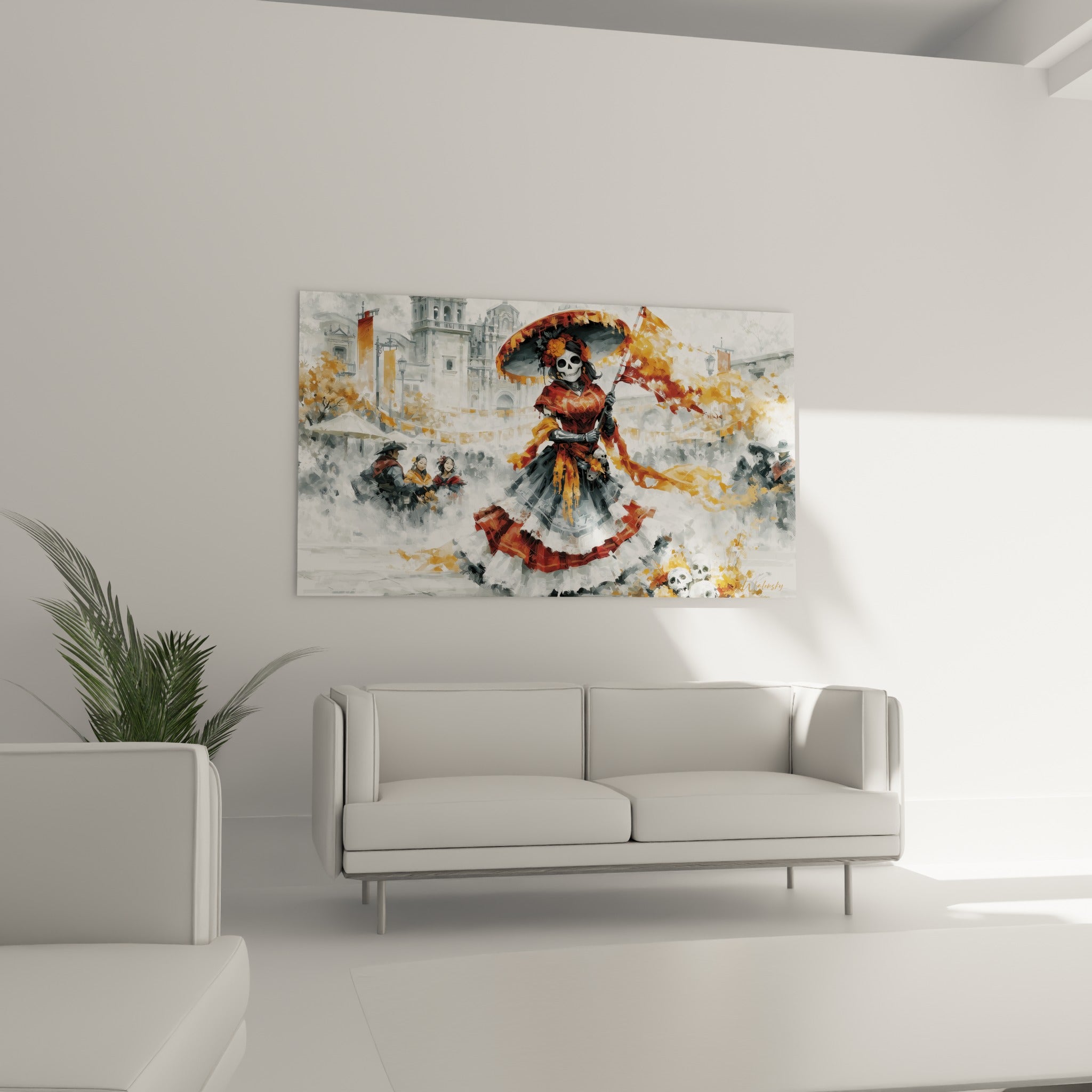 Silhouette de Catrina grise et rouge tenant un drapeau flamboyant, tableau au-dessus d'un canapé dans un salon lumineux