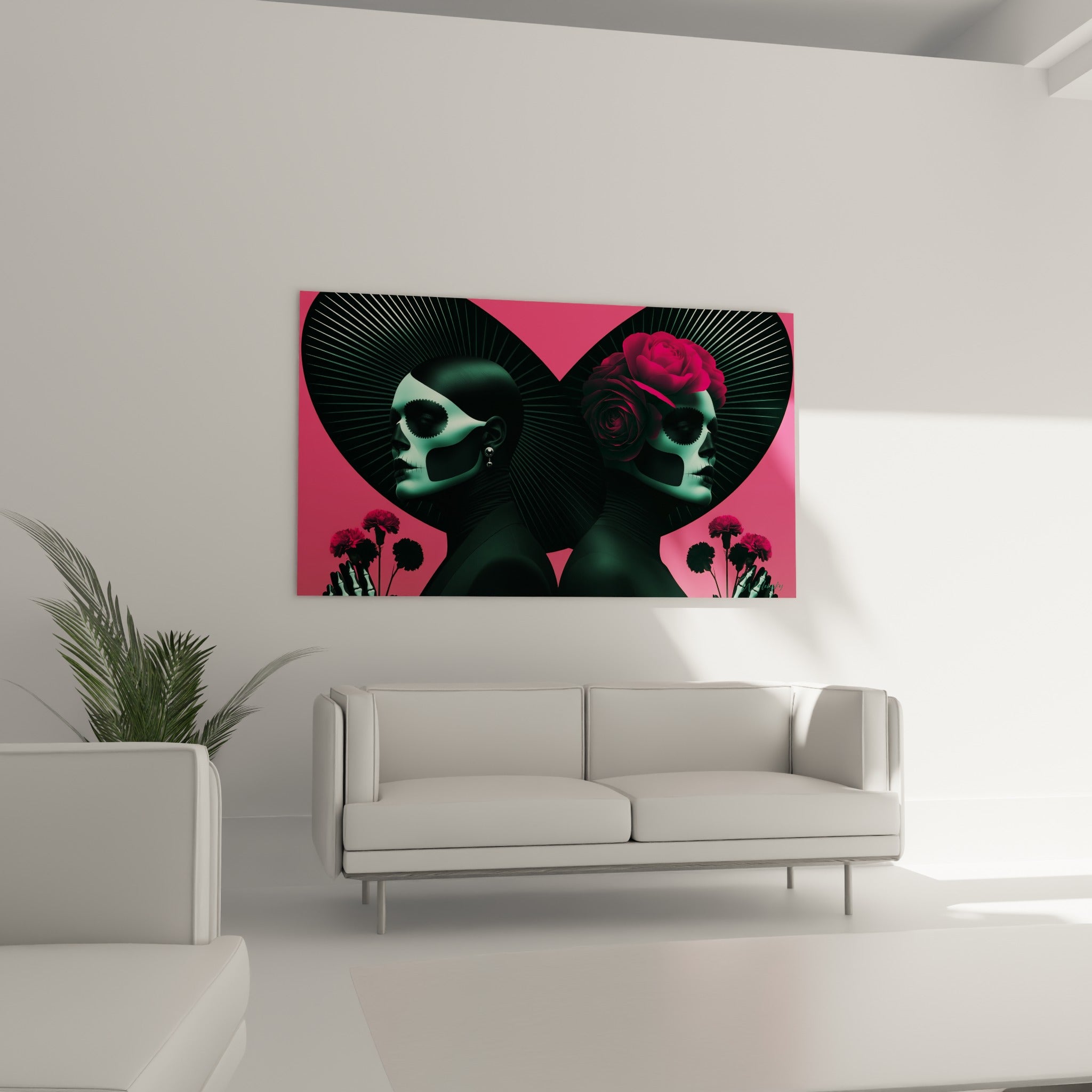 Silhouettes jumelles anthracite et roses bordeaux du Dia de los Muertos au-dessus d'un canapé dans un salon lumineux