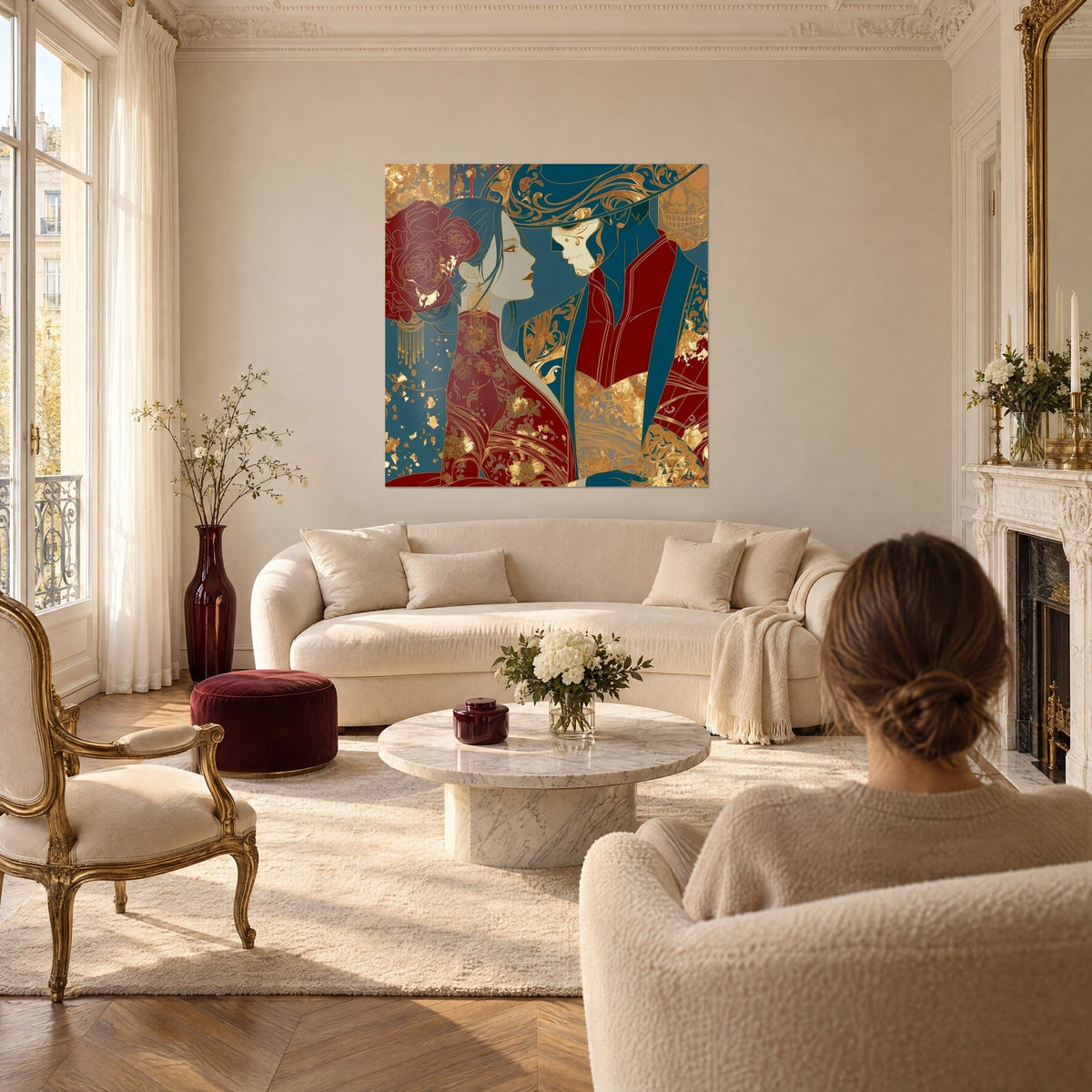 Quadro coppia Art nouveau faccia a faccia, donna con rosa rossa e uomo con teschio dorato, blu anatra, dorature, sopra un divano in un soggiorno luminoso