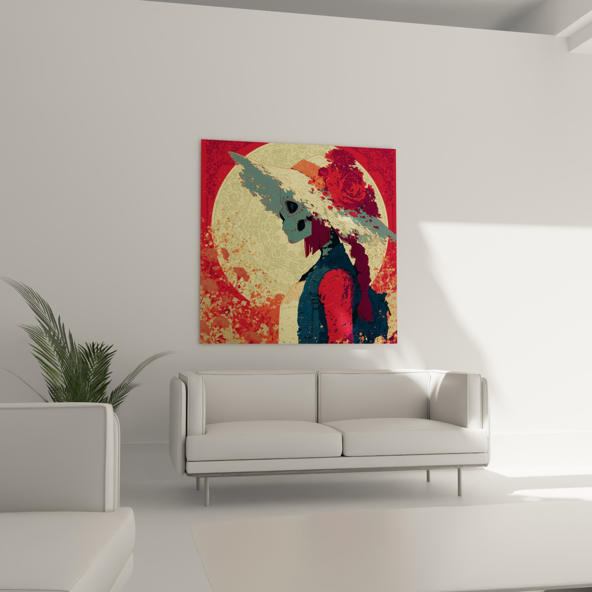 Portrait Dia de los Muertos aux teintes rouge et ivoire, disposé au-dessus d'un canapé dans un salon lumineux
