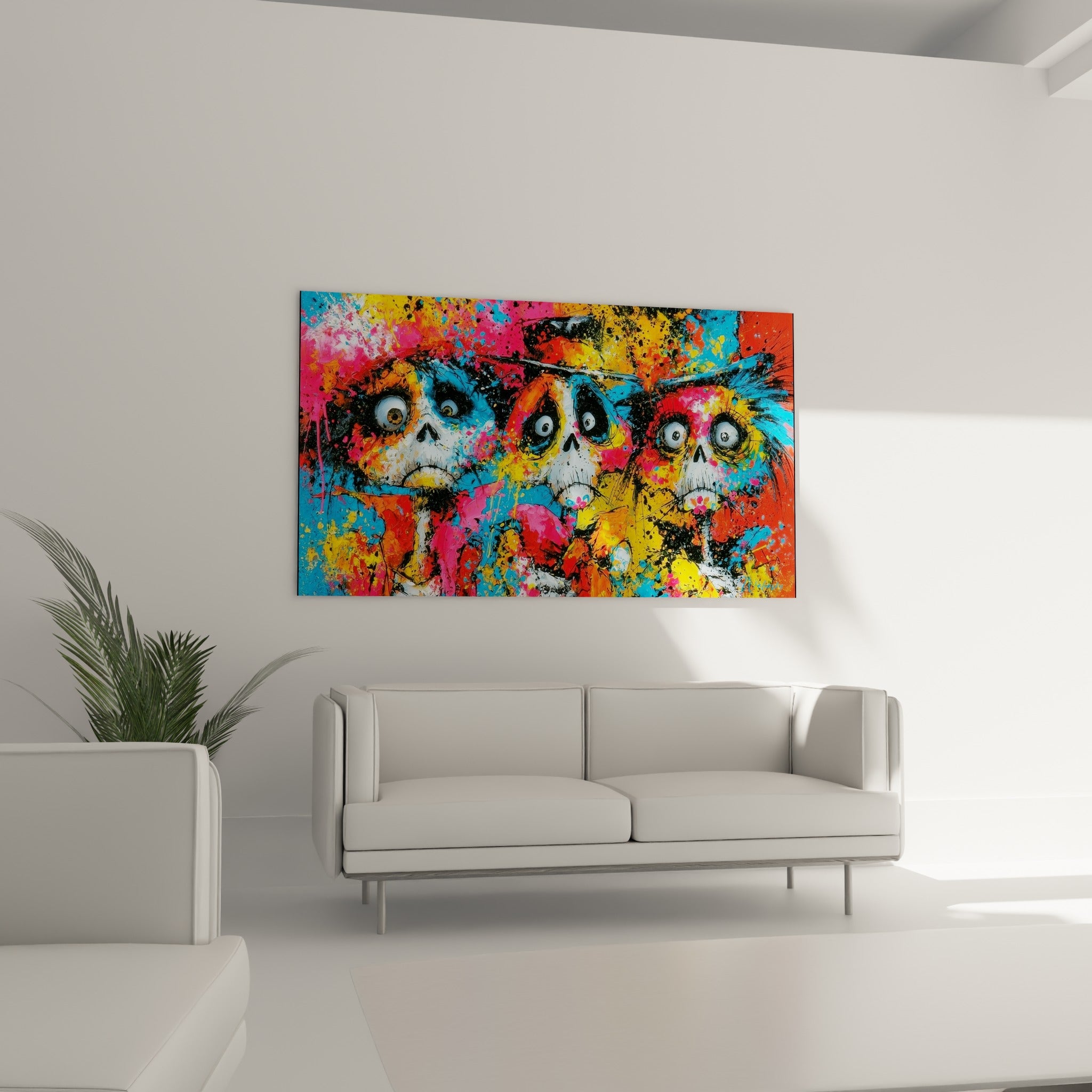 Visages peints Dia de los Muertos aux orbites noires, rose fuchsia et turquoise, au-dessus d'un canapé dans un salon lumineux