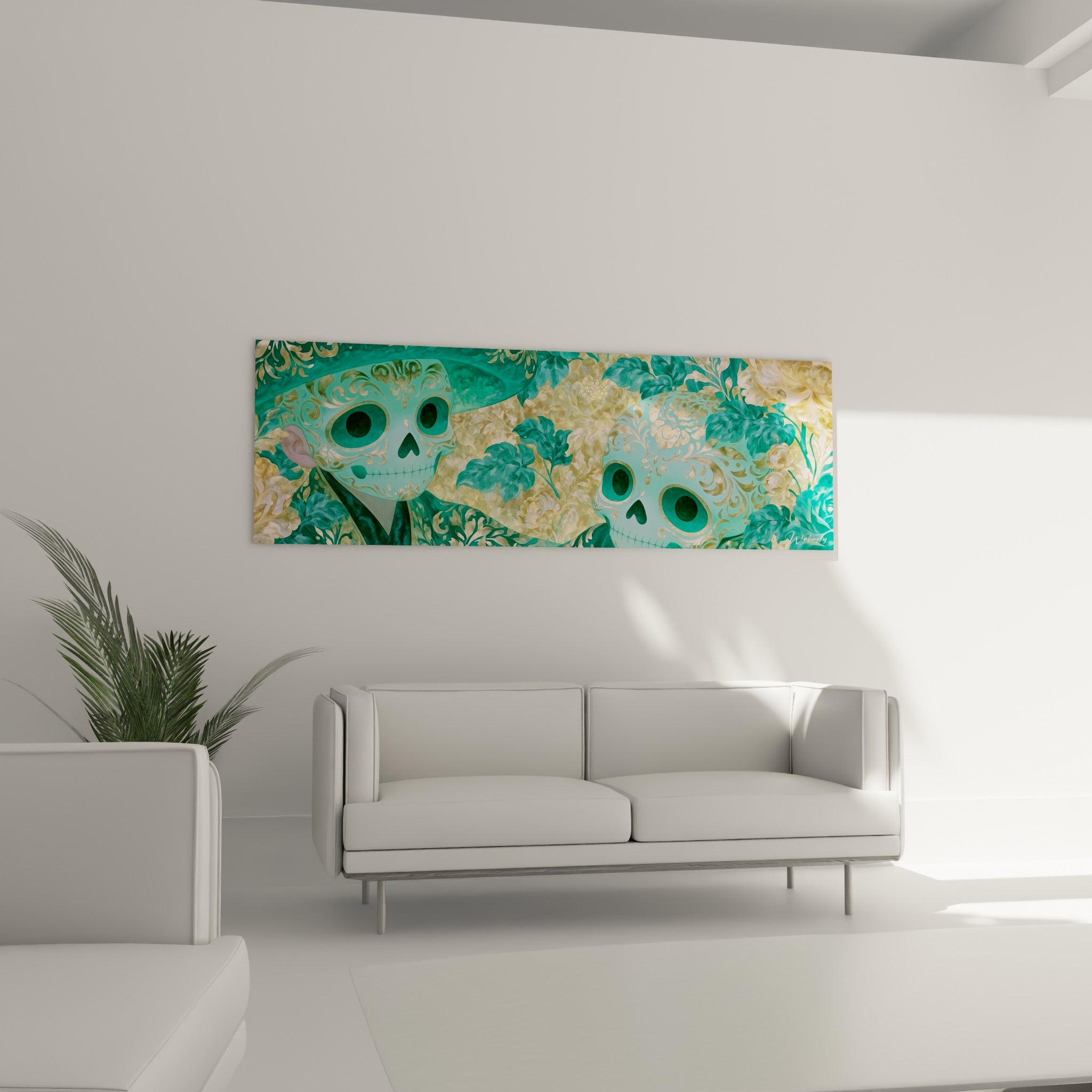 Visages ornés du Dia de los Muertos en vert émeraude et or placés au-dessus d'un canapé dans un salon lumineux