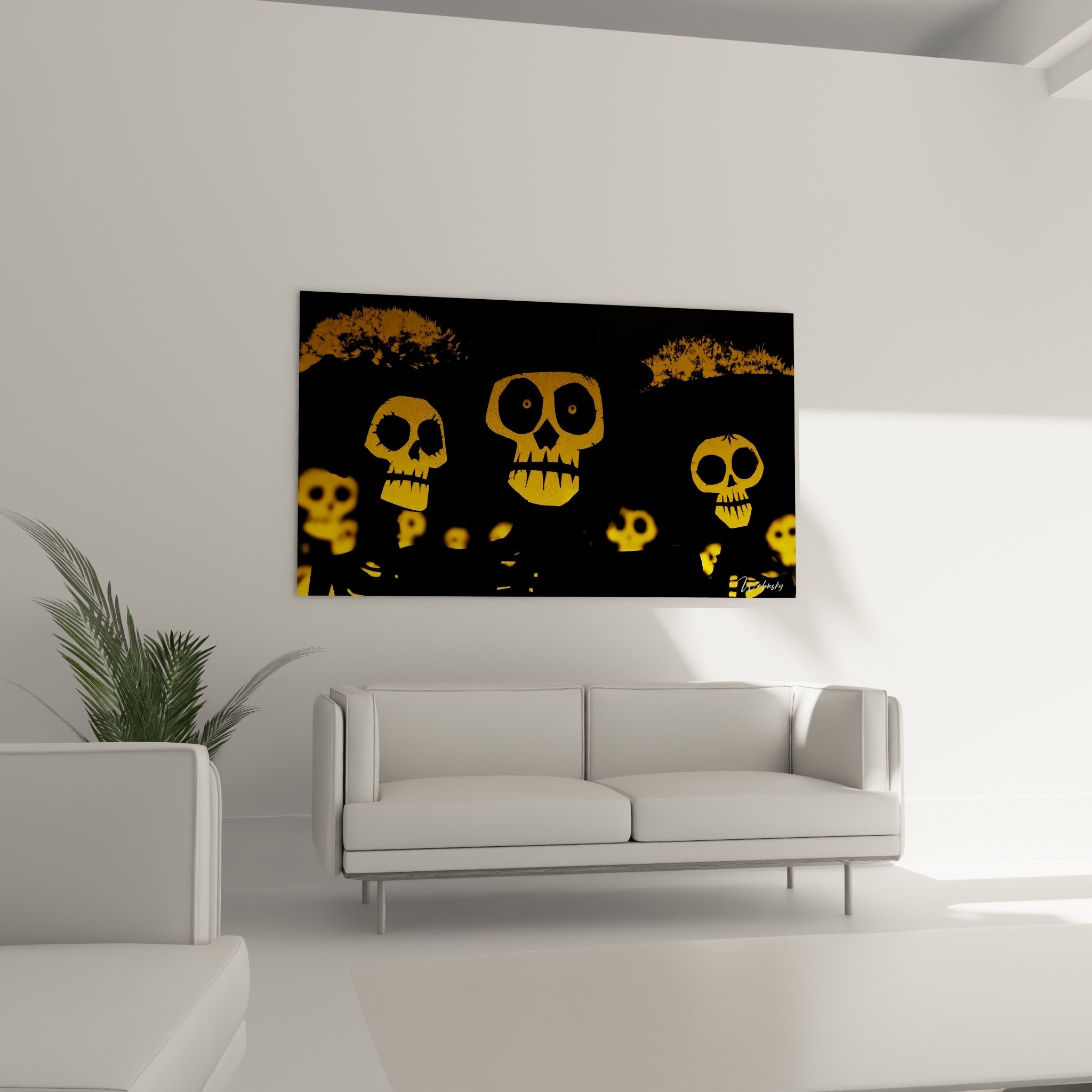 Visages crâniens jaunes et noirs se superposent en plans flous, tableau Dia de los Muertos au-dessus d'un canapé dans un salon lumineux