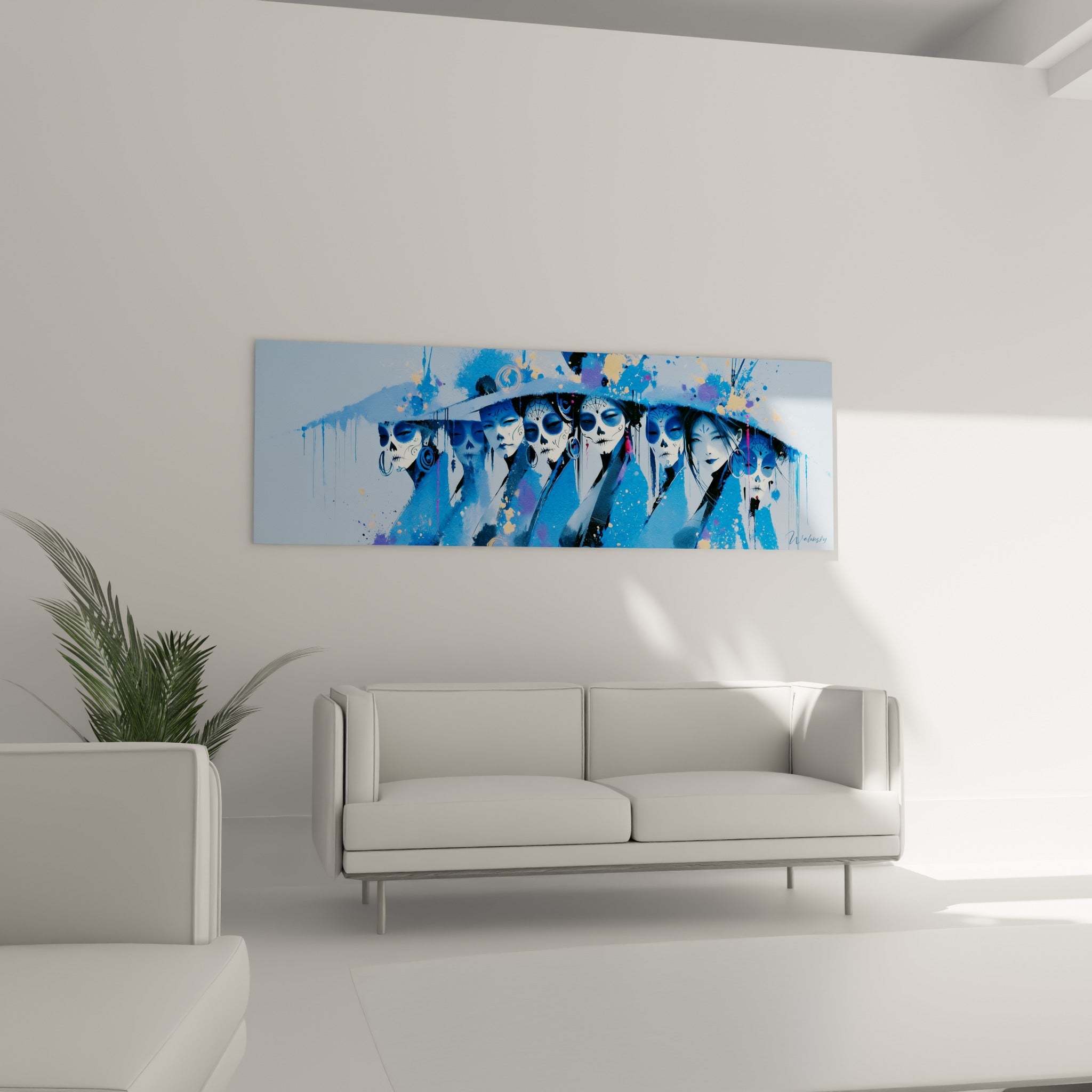 Silhouettes maquillées façon Dia de los Muertos en camaïeu bleu, accrochées au-dessus d'un canapé dans un salon lumineux