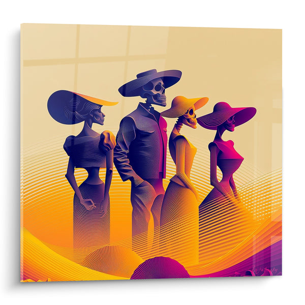 Elegant Skeletons with Purple and Orange Hats - Parade of Souls - Dia de los Muertos Edition
