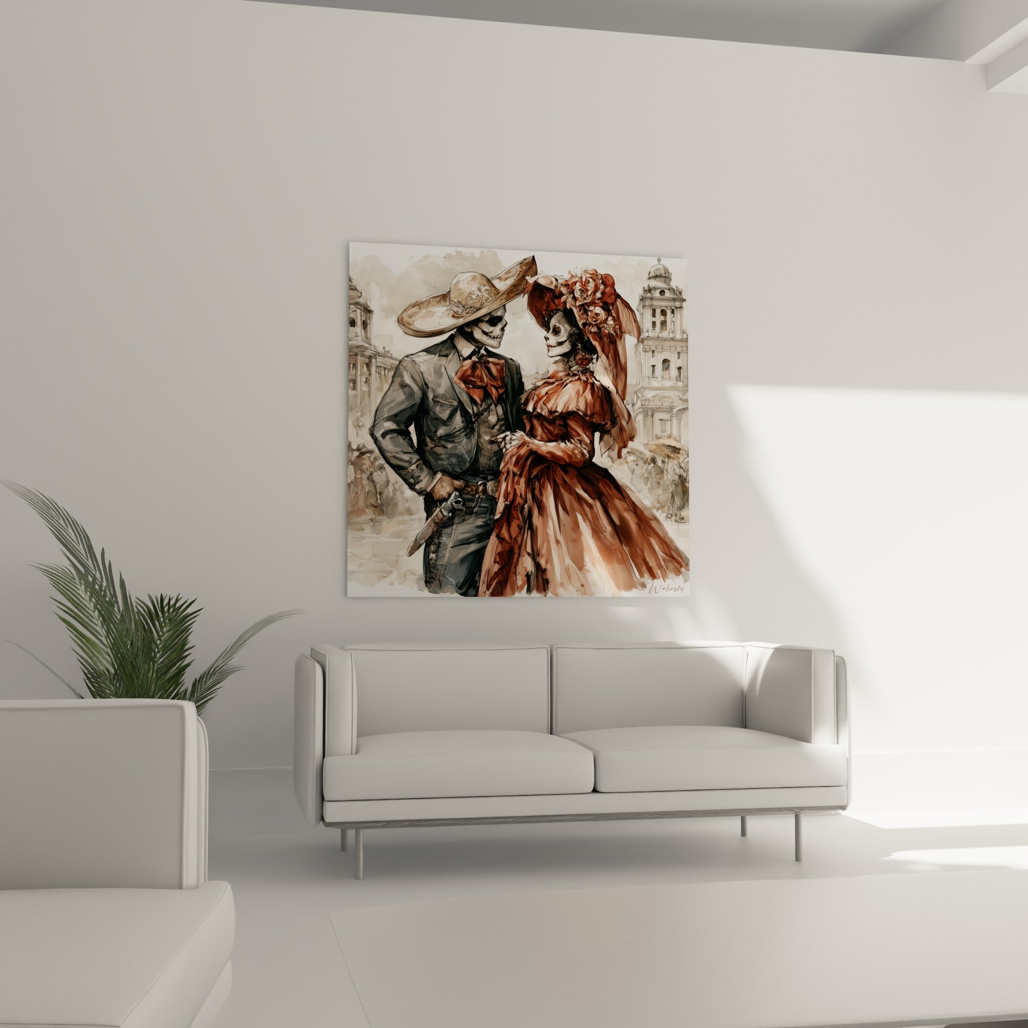 Squelettes vêtus de terracotta et gris échangeant un regard tendre, au-dessus d'un canapé dans un salon lumineux