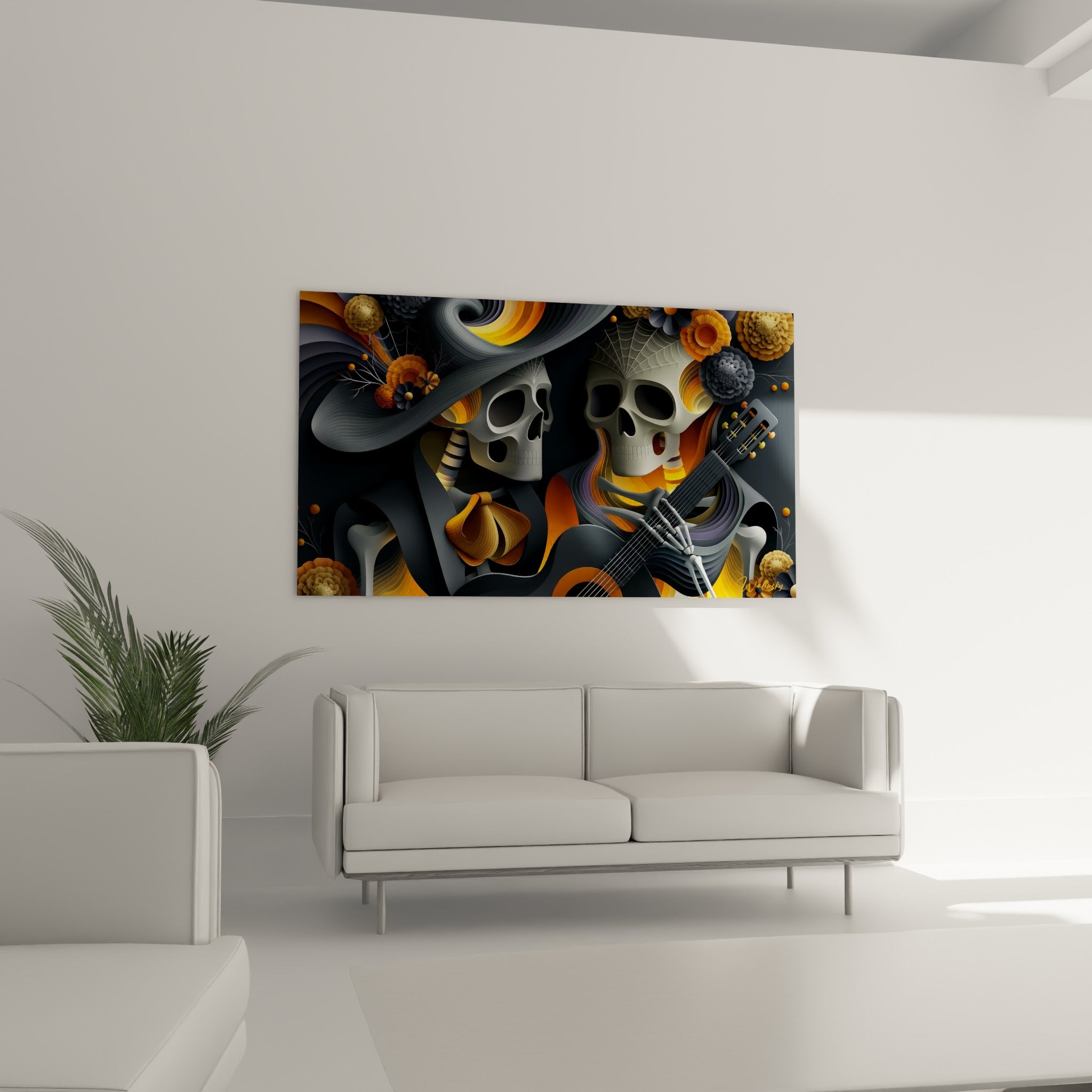 Guitare noire tenue par un squelette anthracite entouré de fleurs orange, Dia de los Muertos au-dessus d'un canapé dans un salon lumineux