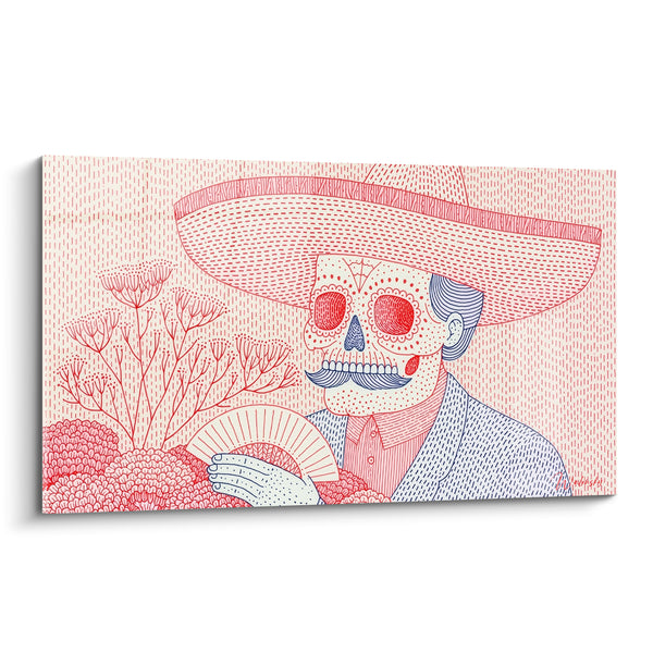 Mustachioed Skull Painting Red and Blue with Fan - Hatched Sombrero - Dia de los Muertos Edition