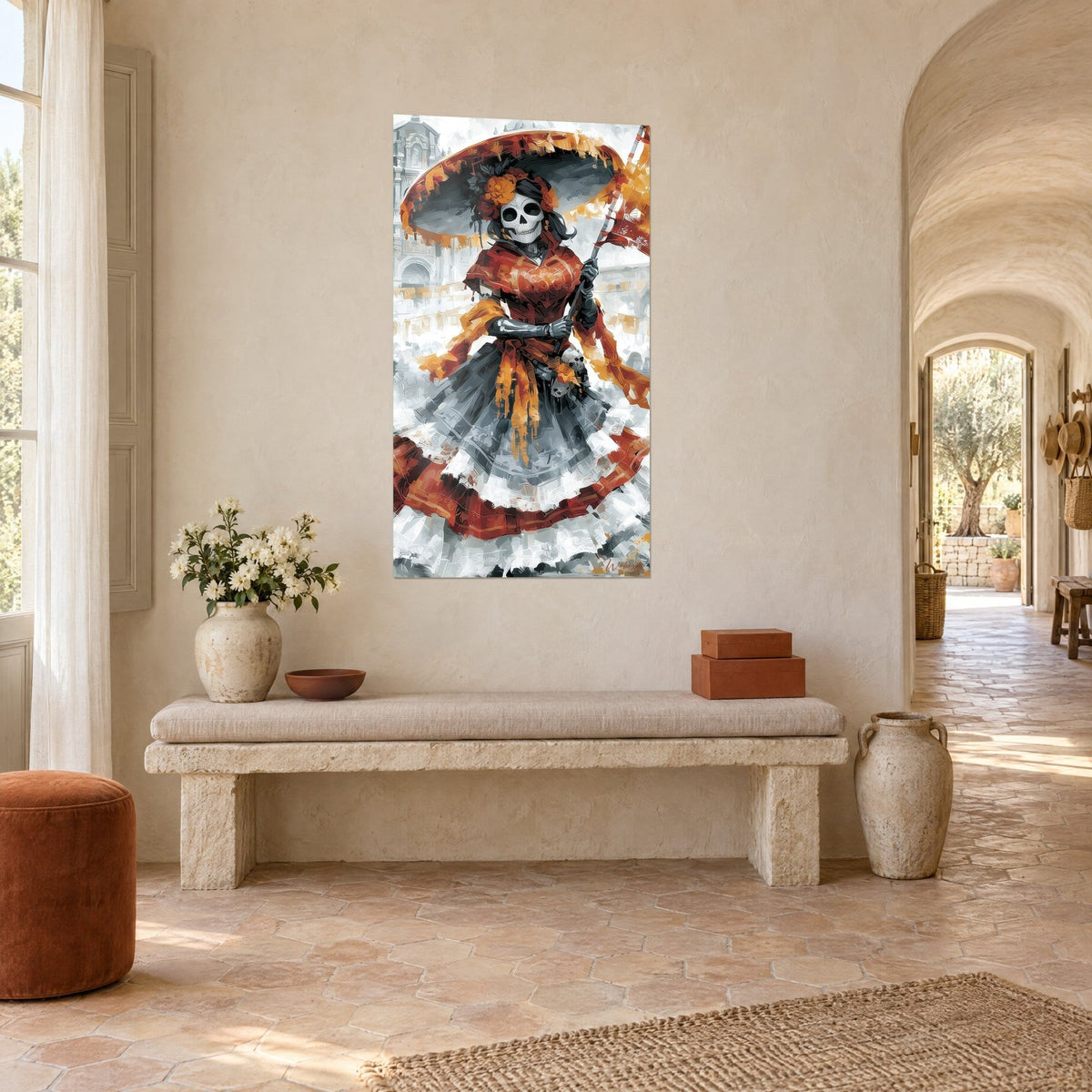 Wall art skeleton lady in a grey and rust ruffled dress, ochre floral parasol, placed in the entrance of a Provençal farmhouse