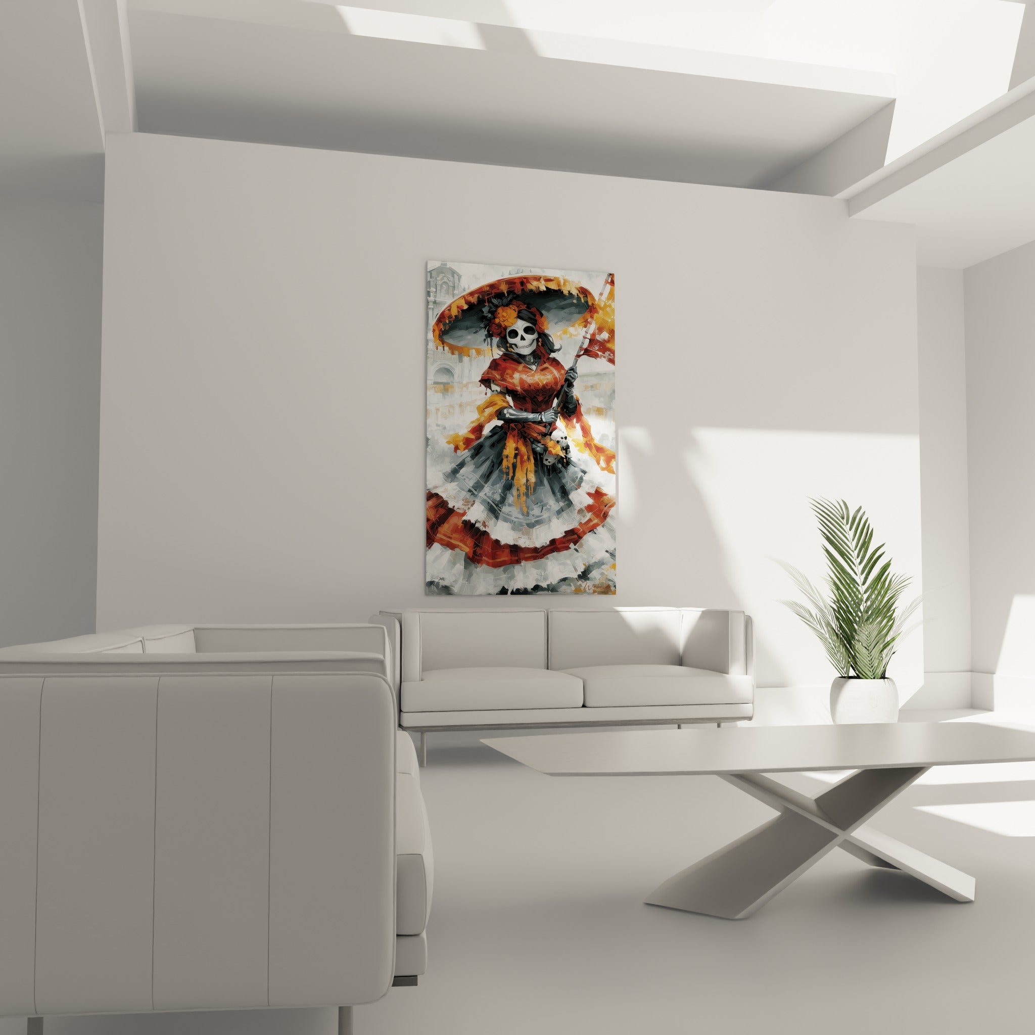 Squelette costumé en rouge et anthracite tenant un drapeau flottant, au-dessus d'un canapé dans un salon lumineux